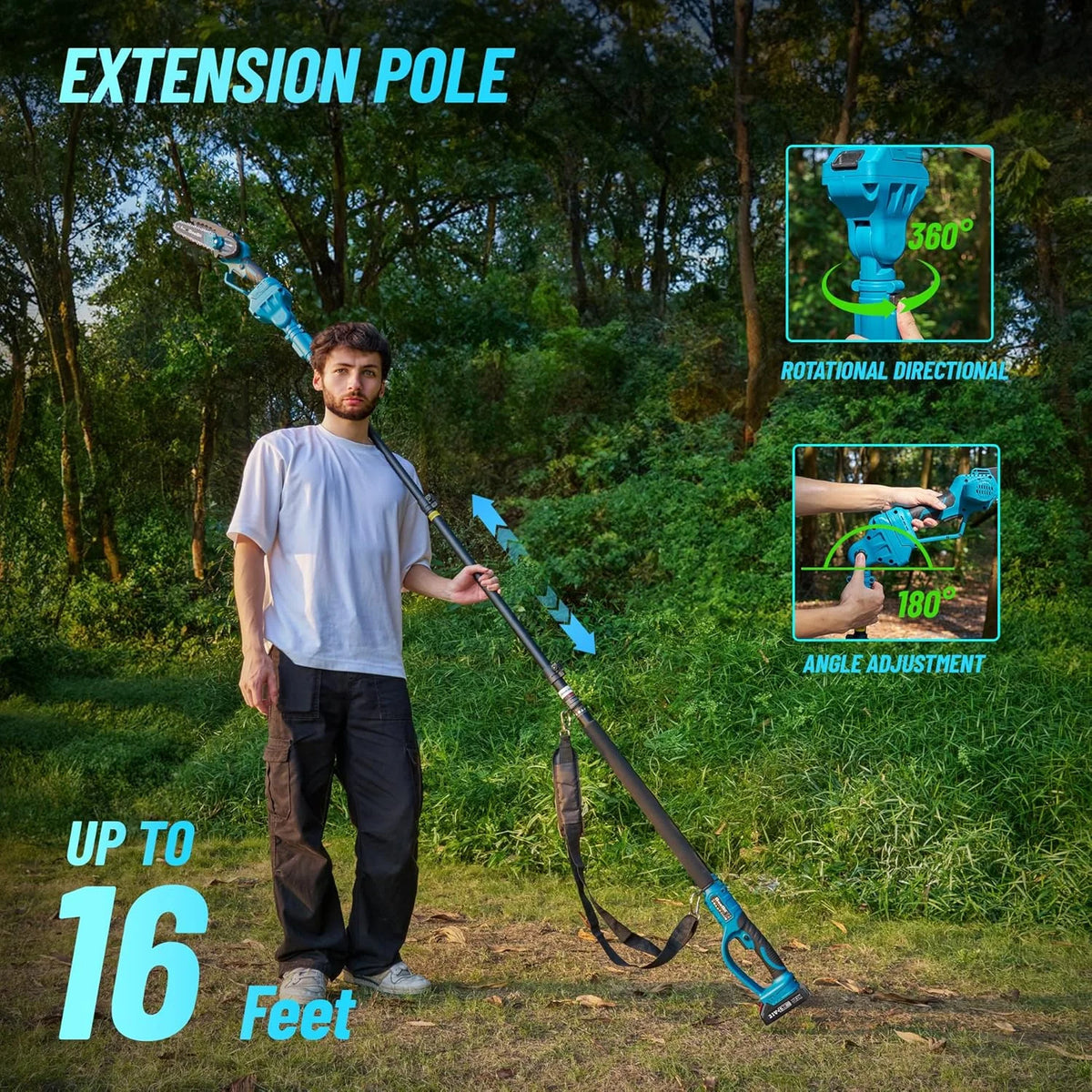 Seesii 2-in-1 Cordless Pole Saw, 6 Inch Brushless Pole Chainsaws Mini Handheld Chainsaw with 2x 4.0Ah 21V Batteries, 2x Chains, Auto Oiler, 16FT MAX Extension Pole for Tree Trimming
