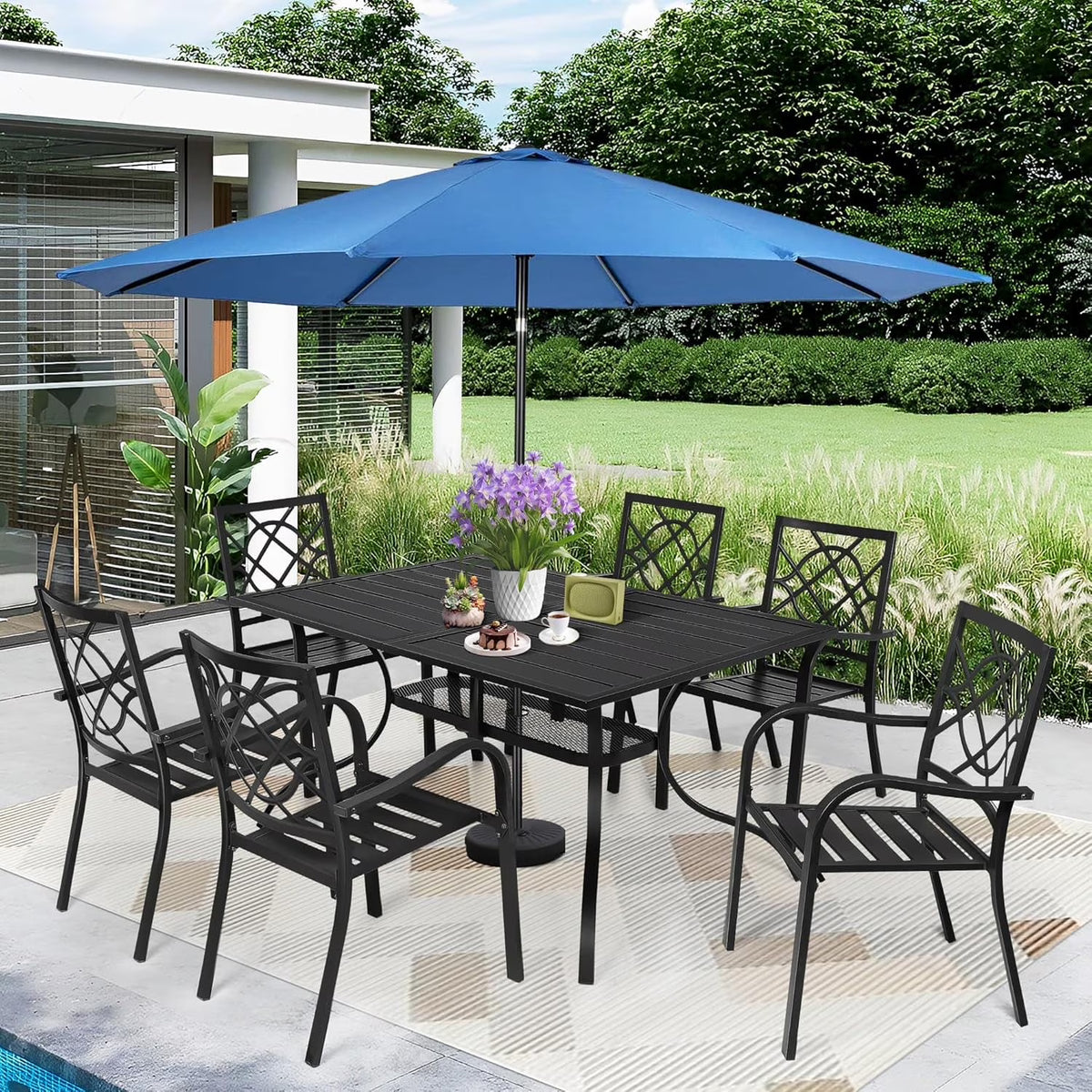 SUNCROWN 5-Piece Outdoor Wrought Iron Chairs and Table Patio Dining Furniture Set - 4 Stackable Metal Chairs, 1 Steel Slat Bistro Table and 1 Sky Blue 9Ft Patio Umbrella for Garden Backyard Deck