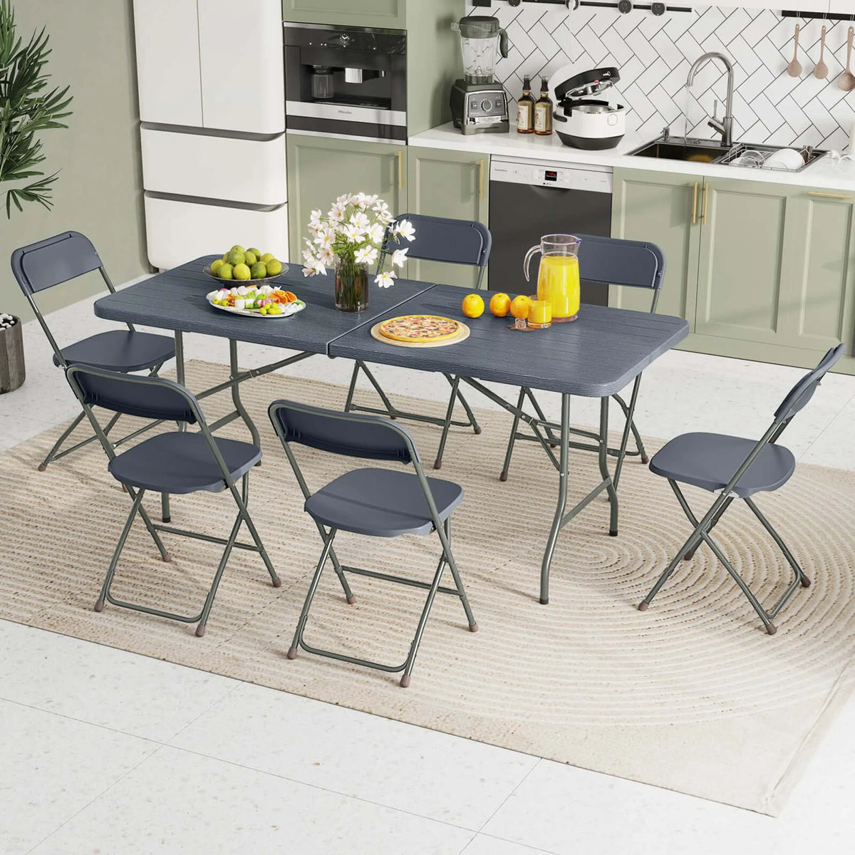 Costway 6 ft Portable Folding Table with Wood Grain HDPE Tabletop Safe Lock Mechanism Gray