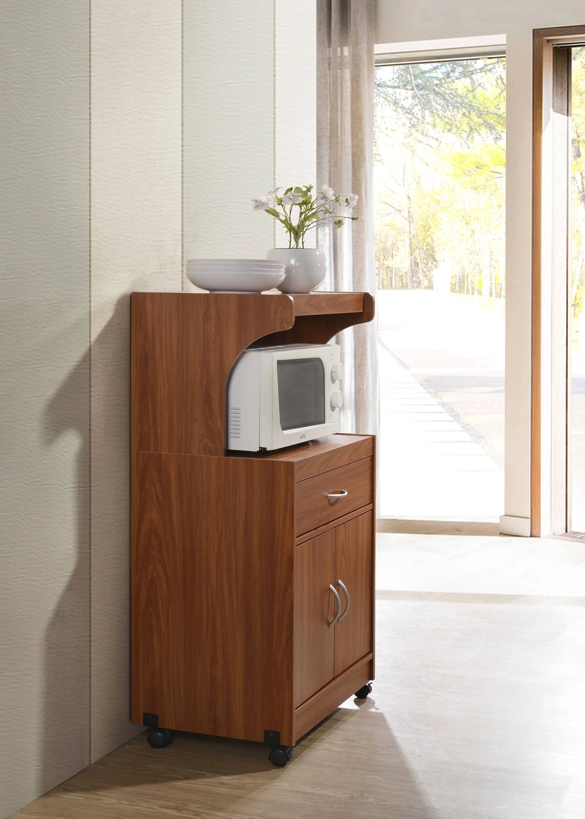 Hodedah Microwave Contemporary Wooden Kitchen Cart in Cherry Finish