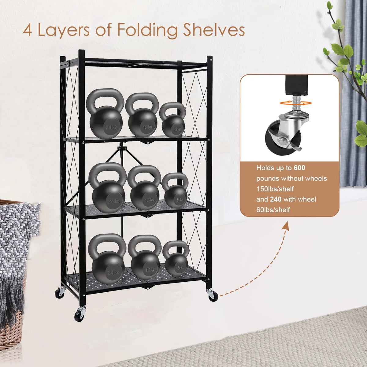 Vebreda 4-Tier Storage Shelf Foldable Metal Shelving Units with Wheels, Black