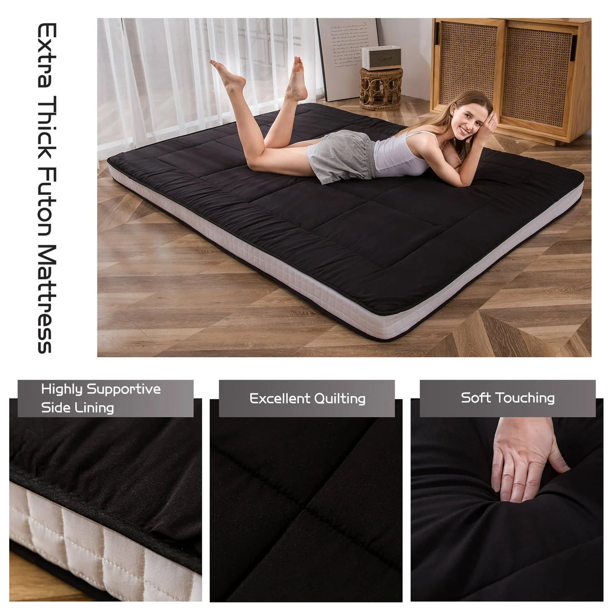 Mattress, Padded Japanese Floor Mattress Quilted Bed Mattress Topper, Extra Thick Folding Sleeping Pad, Black, Twin
