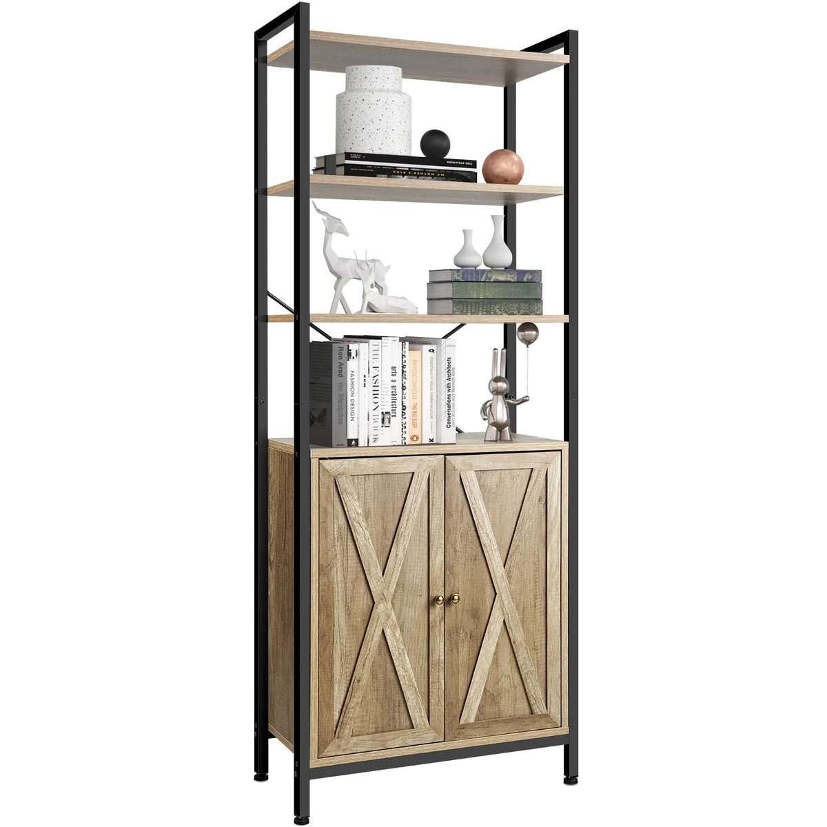 MONVANE Farmhouse Bookshelf and Bookcase with Doors, Crosshatch Design, 4 Shelves, Light Grey