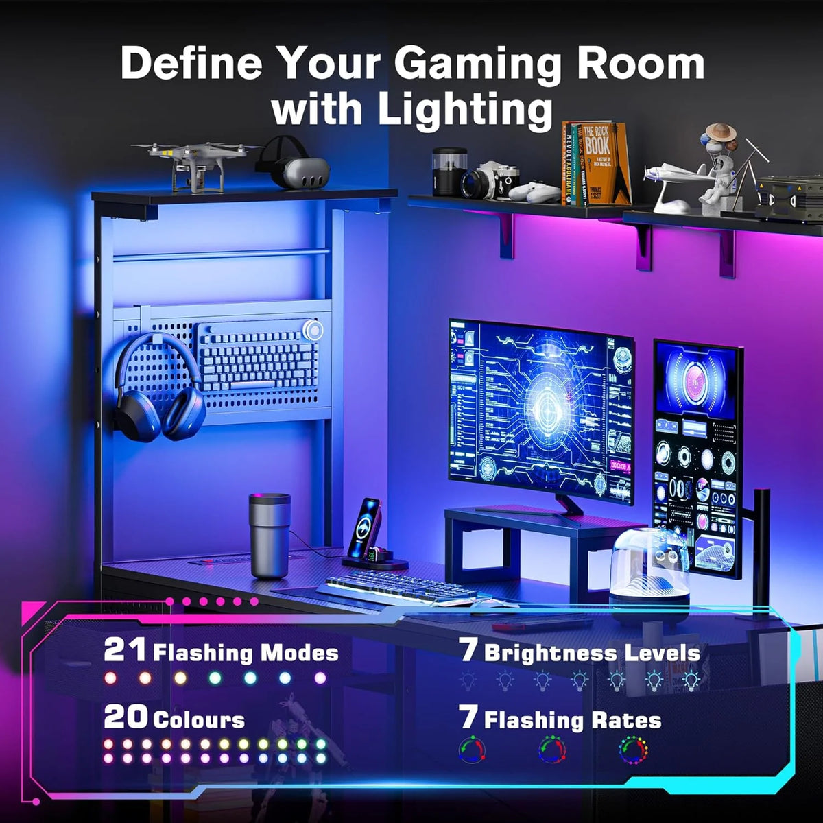 Upgo 55" Gaming Desk with Adjustable Storage Rack & LED Lights, Power Outlets for Adult and Teen