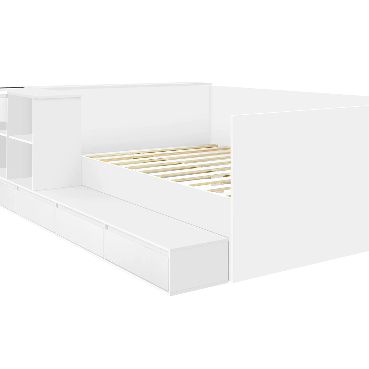 Full Size White Wooden Platform Bed w/ 6 Drawers, Vanity Desk &amp; Shelves - Bedroom Furniture. Space-saving design. Includes storage, perfect for small spaces. 75.3"L x 100.9"W.