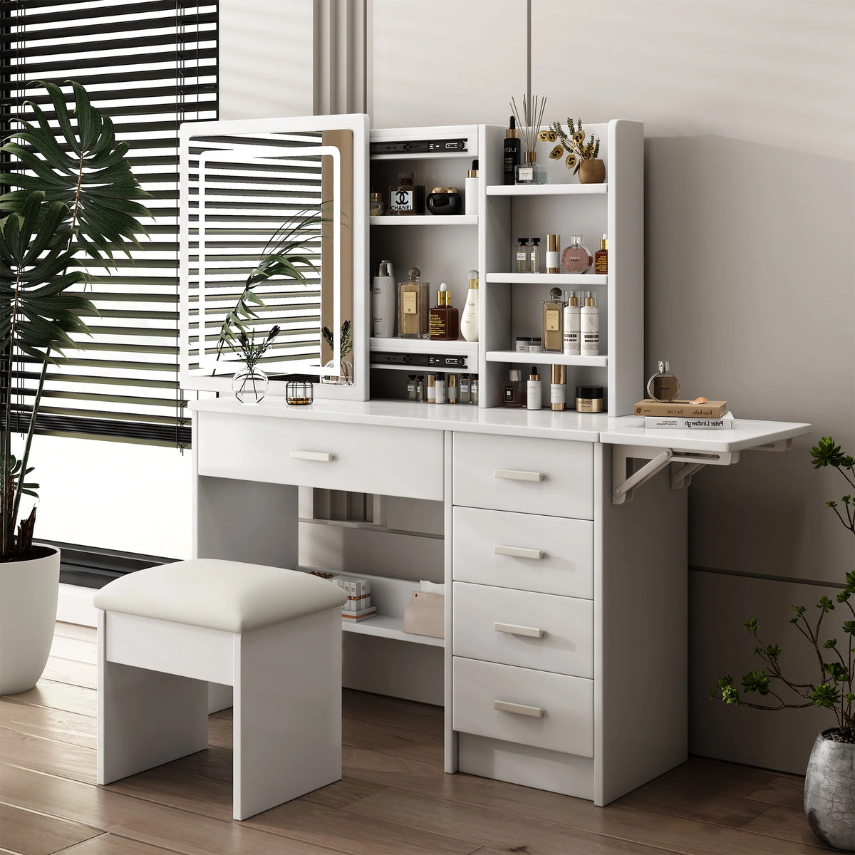 Montary Modern Mini Vanity w/Adjustable LED Mirror + Hidden Storage, Padded Stool & Dustproof Shelves (White)