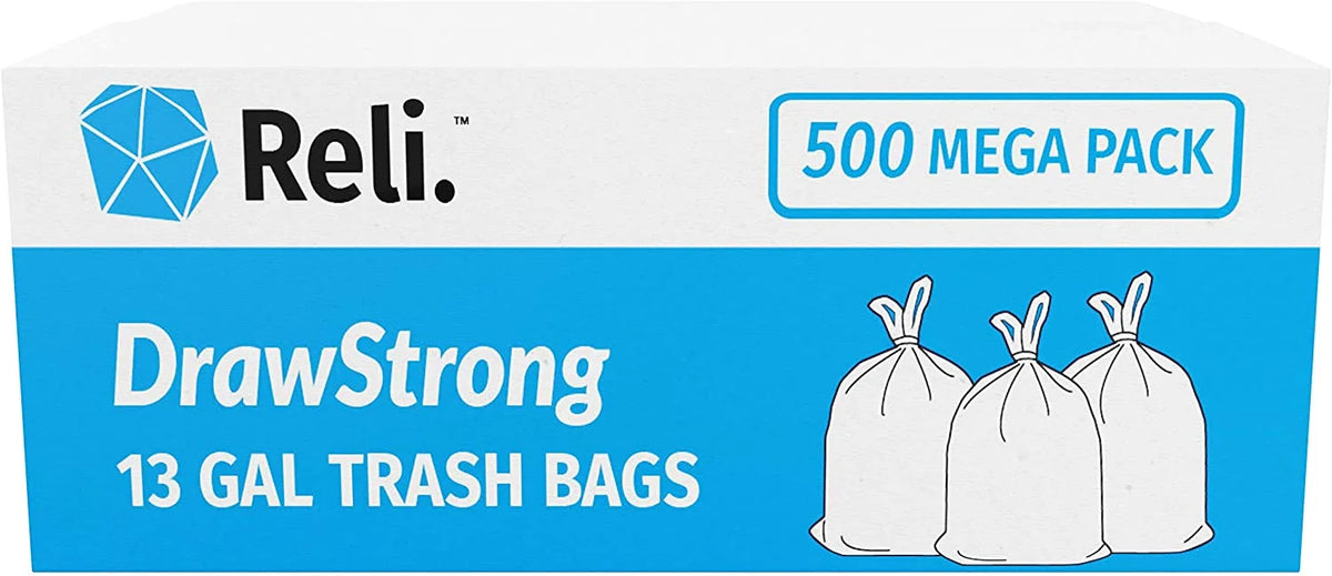 Reli. Tall Kitchen Trash Bags 13 Gallon Drawstring (500 Bags) Tall Kitchen Drawstring Garbage Bags 13 Gallon (White)