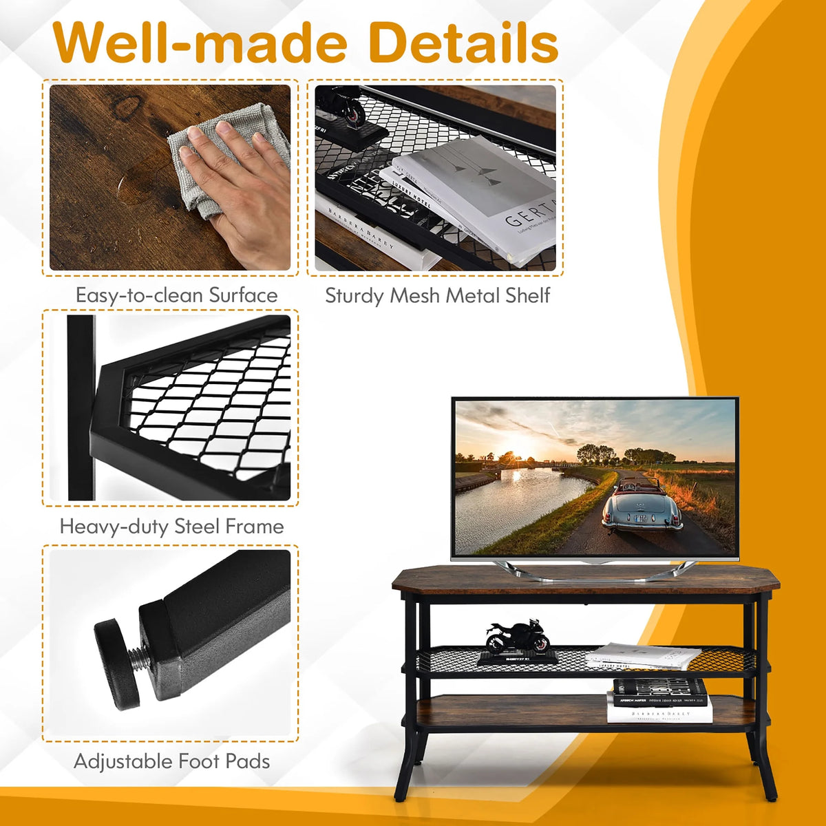 Costway 3-tier TV Stand Console Table Media Entertainment Center w/Mesh Storage Shelf