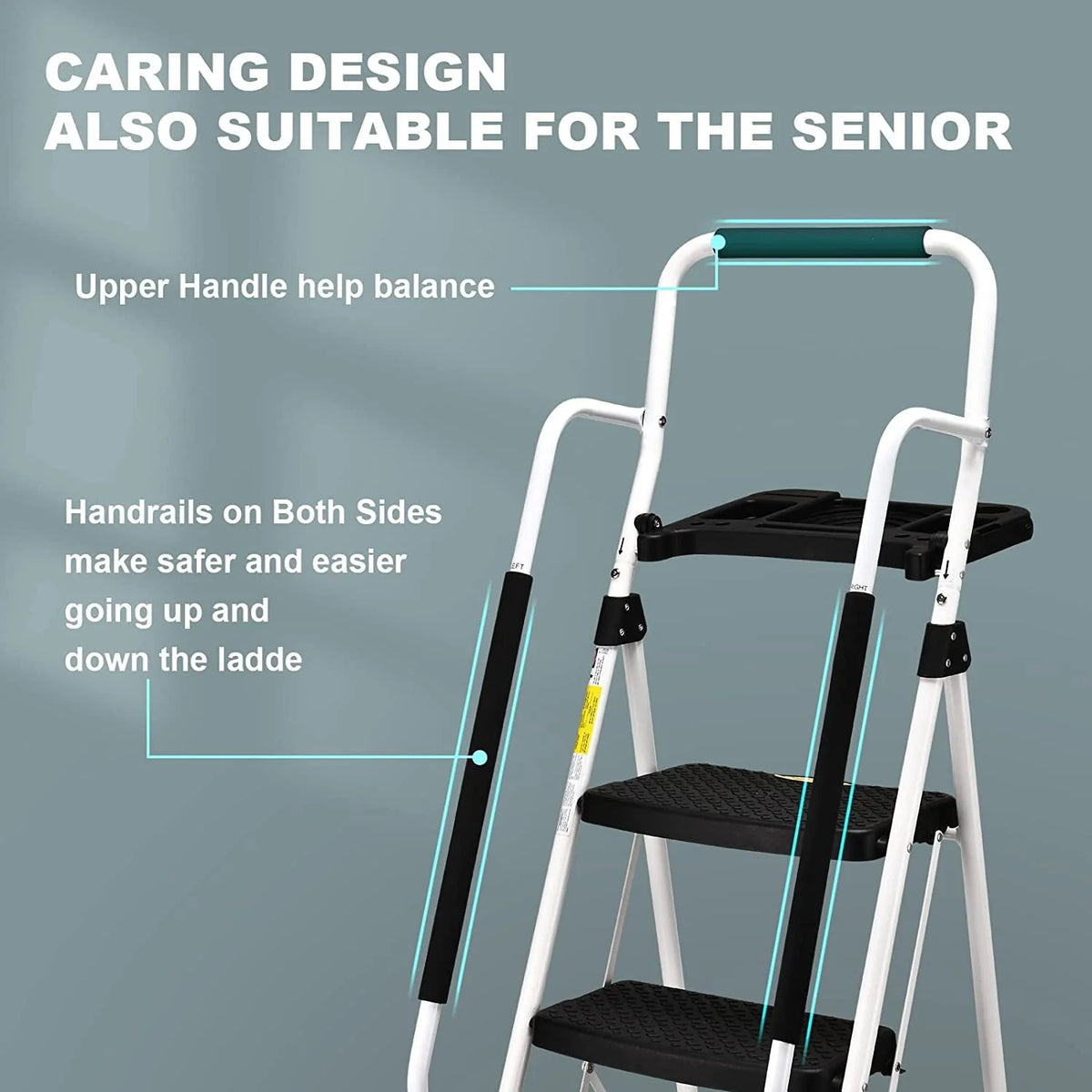 HBTower Folding 5-Step Ladder, 330lbs, with Handrails and Tool Tray and Anti-Slip Pedal, White