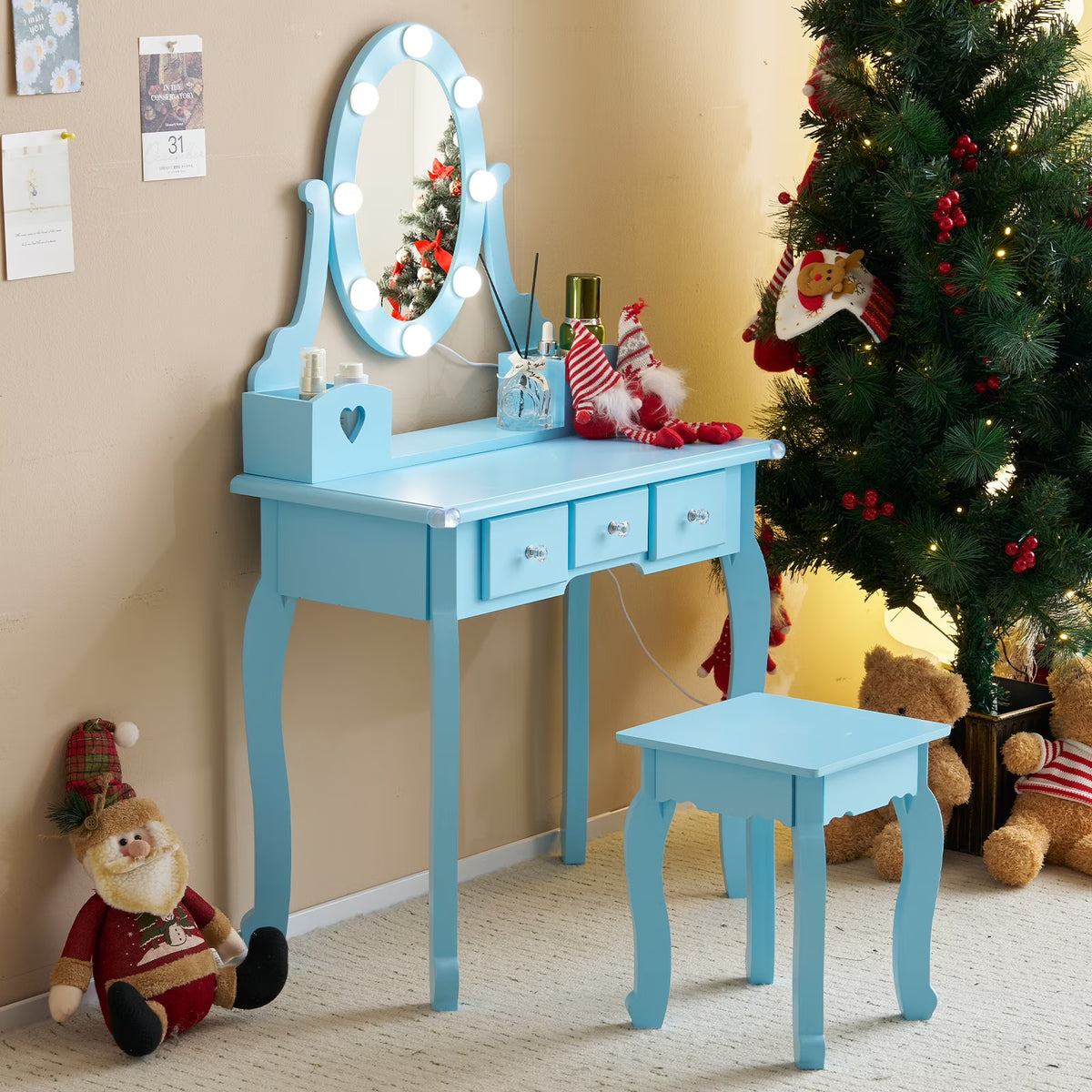 Zimtown Kids' Vanity Set with 3-Color LED Lighted Mirror Makeup Table with Matching Stool, Purple