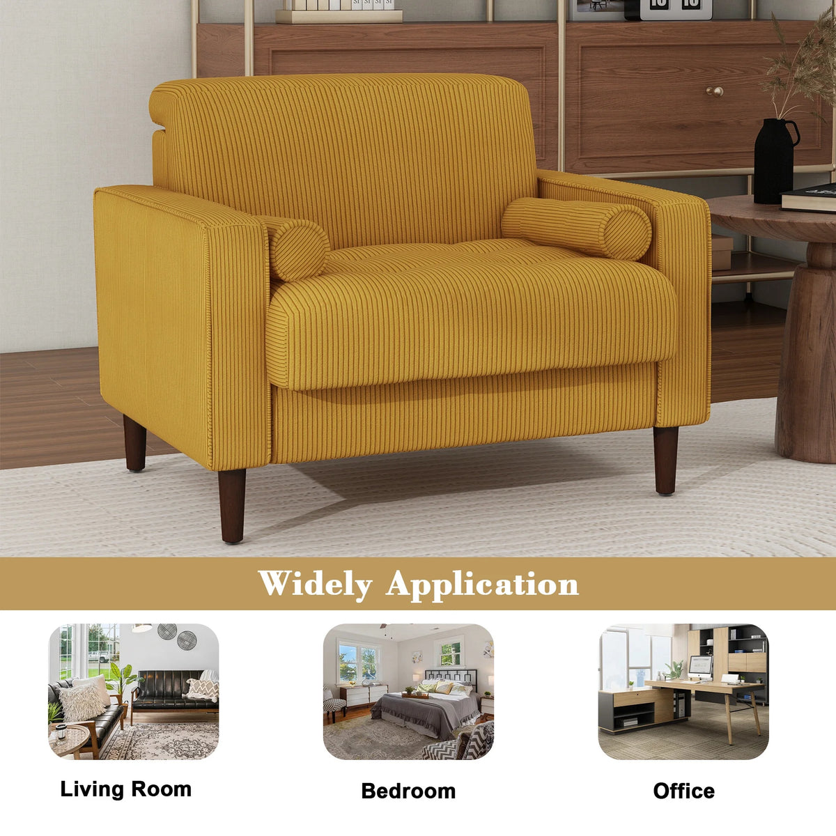 UIXE Corduroy Accent Chair Modern Upholstered Arm Chairs Comfy Reading Armchair with Pillow Armrest Tufted Living Room Single Sofa Lounge Seat, Yellow