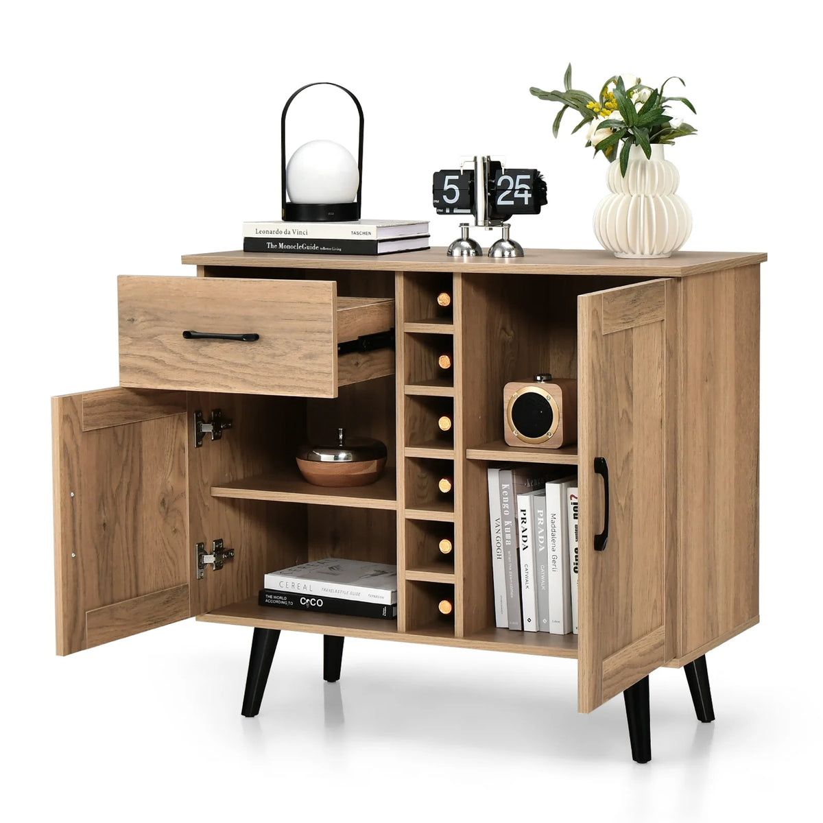 Costway 2-Door Wine Bar Cabinet Kitchen Sideboard Buffet with Drawer & Adjustable Shelves Natural