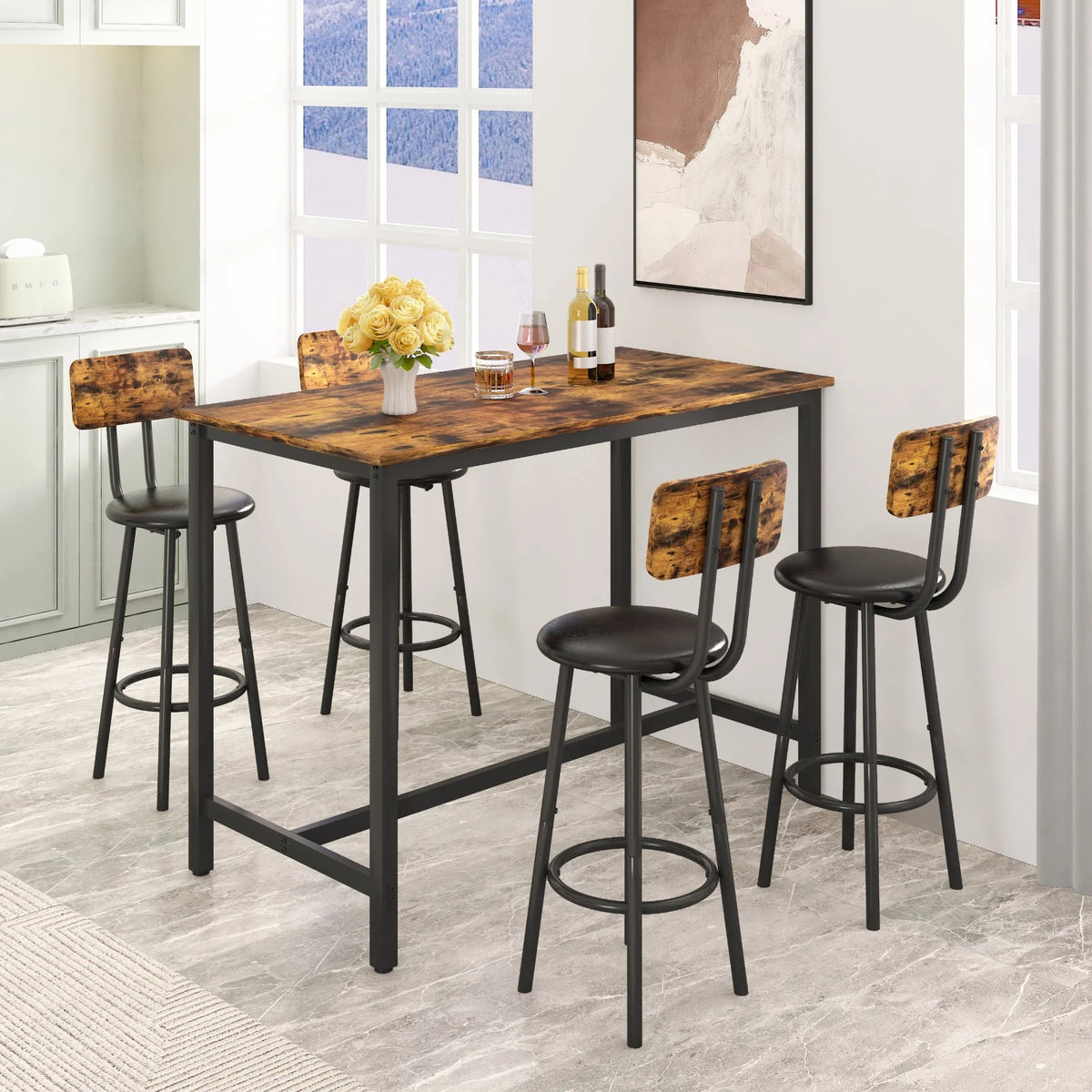 SYNGAR 5 Piece Bar Table Set, Modern Counter Height Dining Set, Home Dining Table and Chairs Set for 4, Kitchen Breakfast Table Set with 4 Cushioned Stools, Bistro Pub Table Set, Rustic Brown