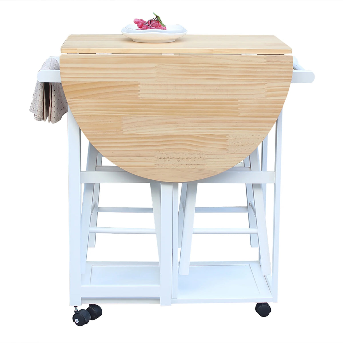 Moveable Kitchen Storage Cart With Wheels, Wire Rolling Cart Multifunction Utility Cart Kitchen Storage Cart on Wheels, Foldable With Metal Handle Semicircle Dining Cart With Round Stools White