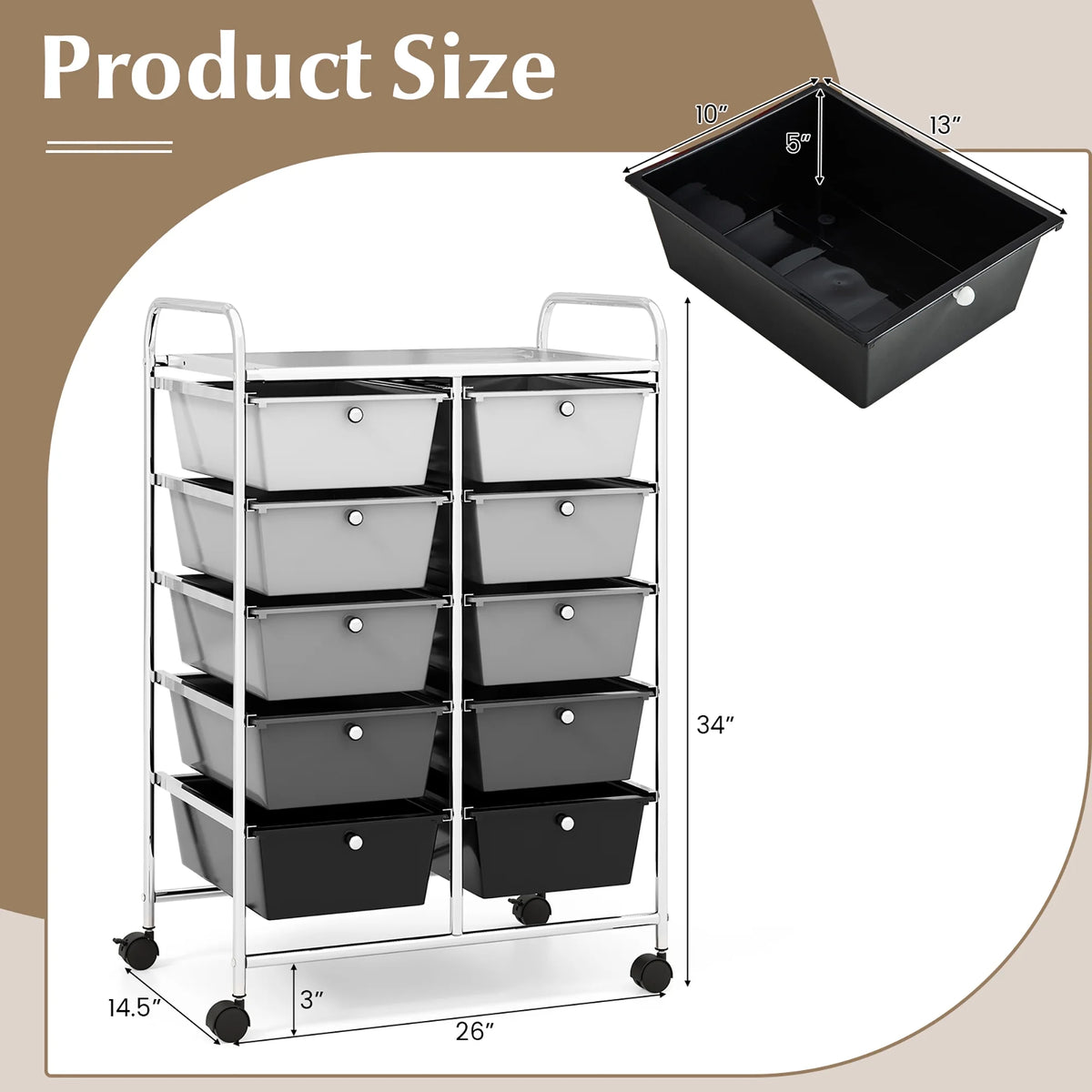 Gymax 10-Drawer Rolling Storage Cart Tools Scrapbook Paper Organizer on Wheels Black Gradient
