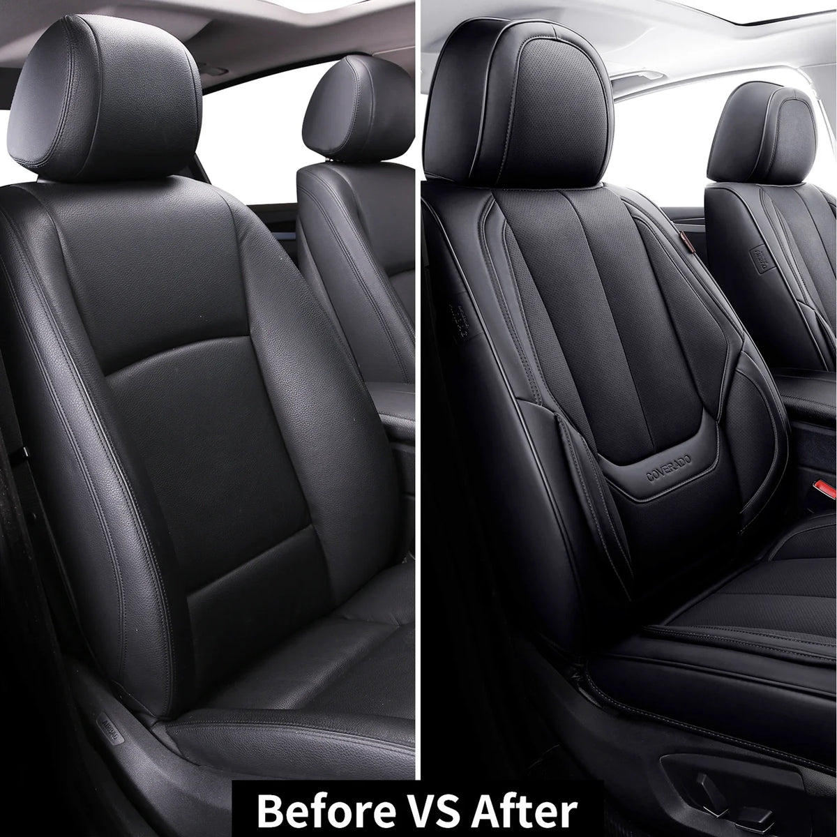 Coverado Black Front Car Seat Covers, Stylish Waterproof Premium Leather Automotive Seat Protectors, Airbag Compatible Auto Interior Accessories Universal Fit for Most Cars SUV Pick-up Trucks