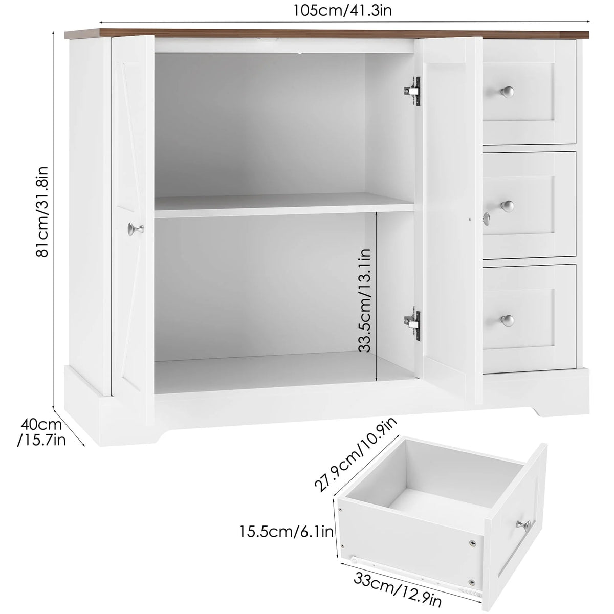 Homfa Farmhouse Buffet Sideboard with 3 Drawers, 2 Door White Wood Credenza Accent Cabinet for Dining Room Living Room