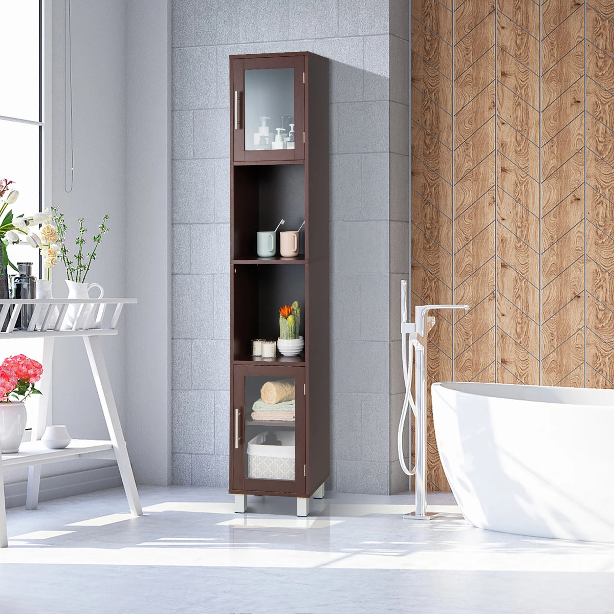 Costway 71'' Tall Tower Bathroom Storage Cabinet Organizer Display Shelves Bedroom Grey