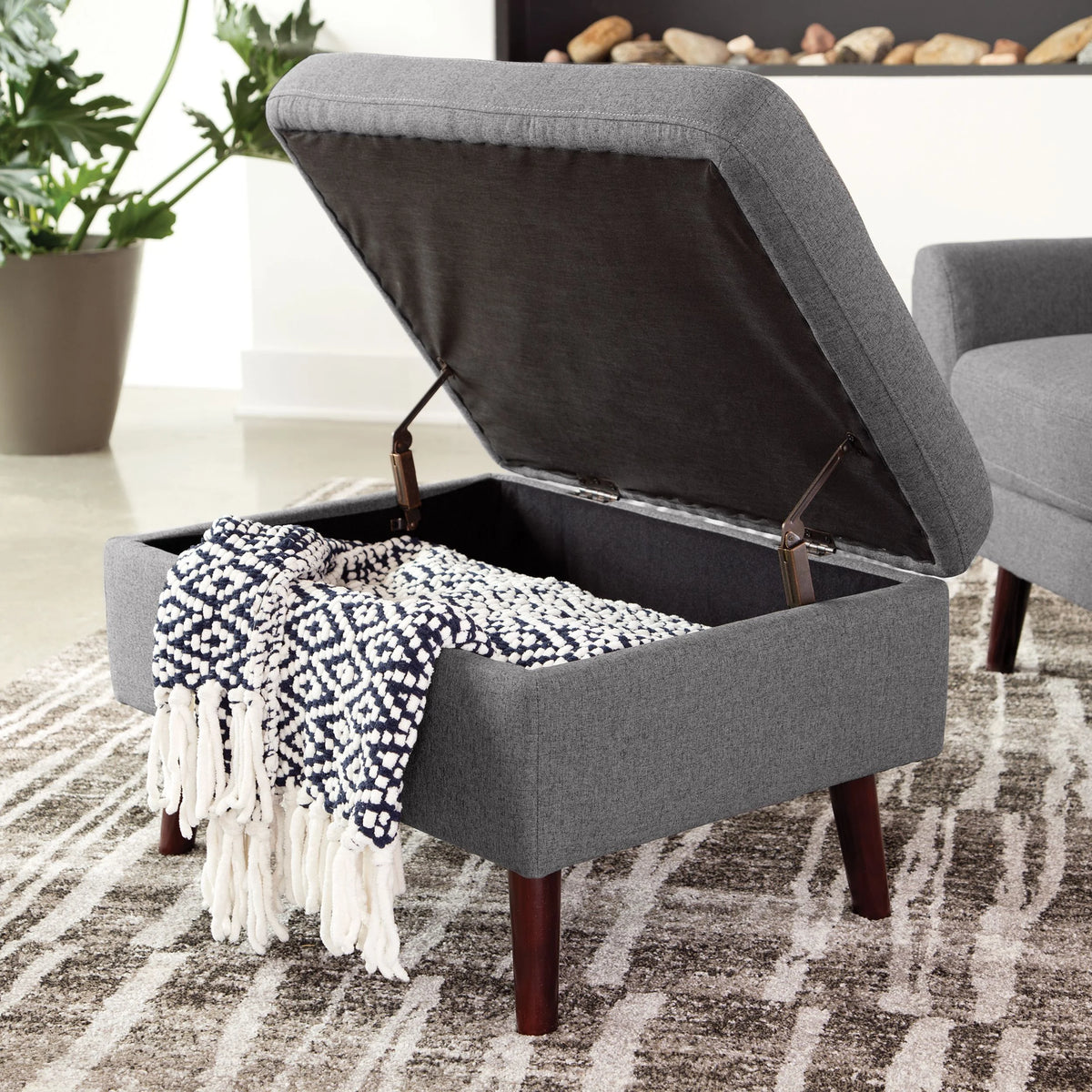 OFM Mid Century Modern Tufted Fabric Storage Ottoman, Walnut Legs, in Beige