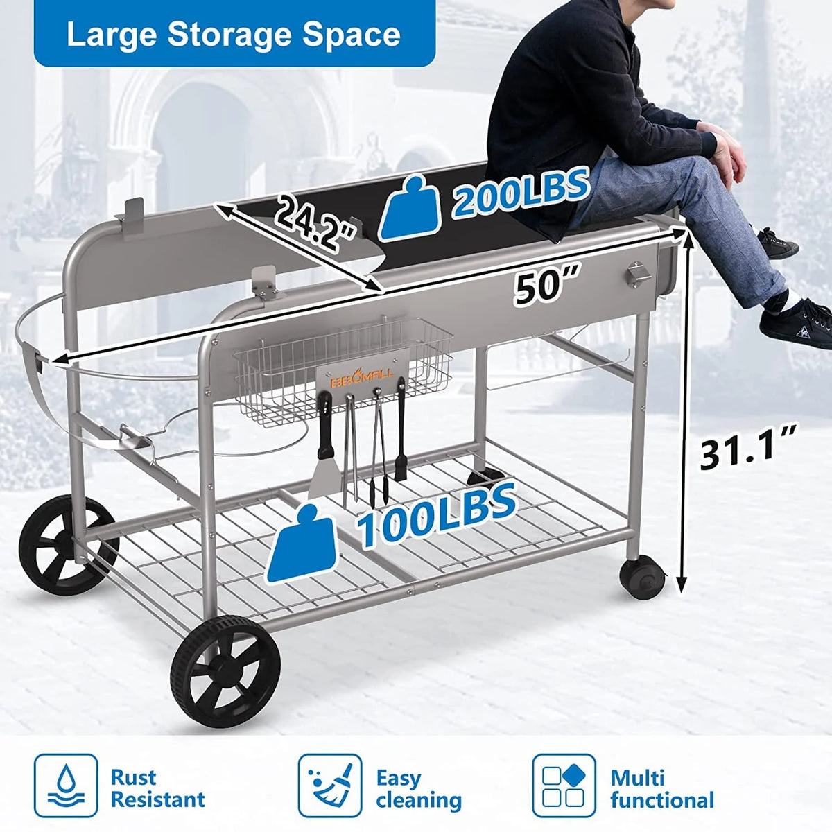 Grill Stand Cart for Weber Kettle 22" & 18" Charcoal Grills - Multifunctional Cooking Station