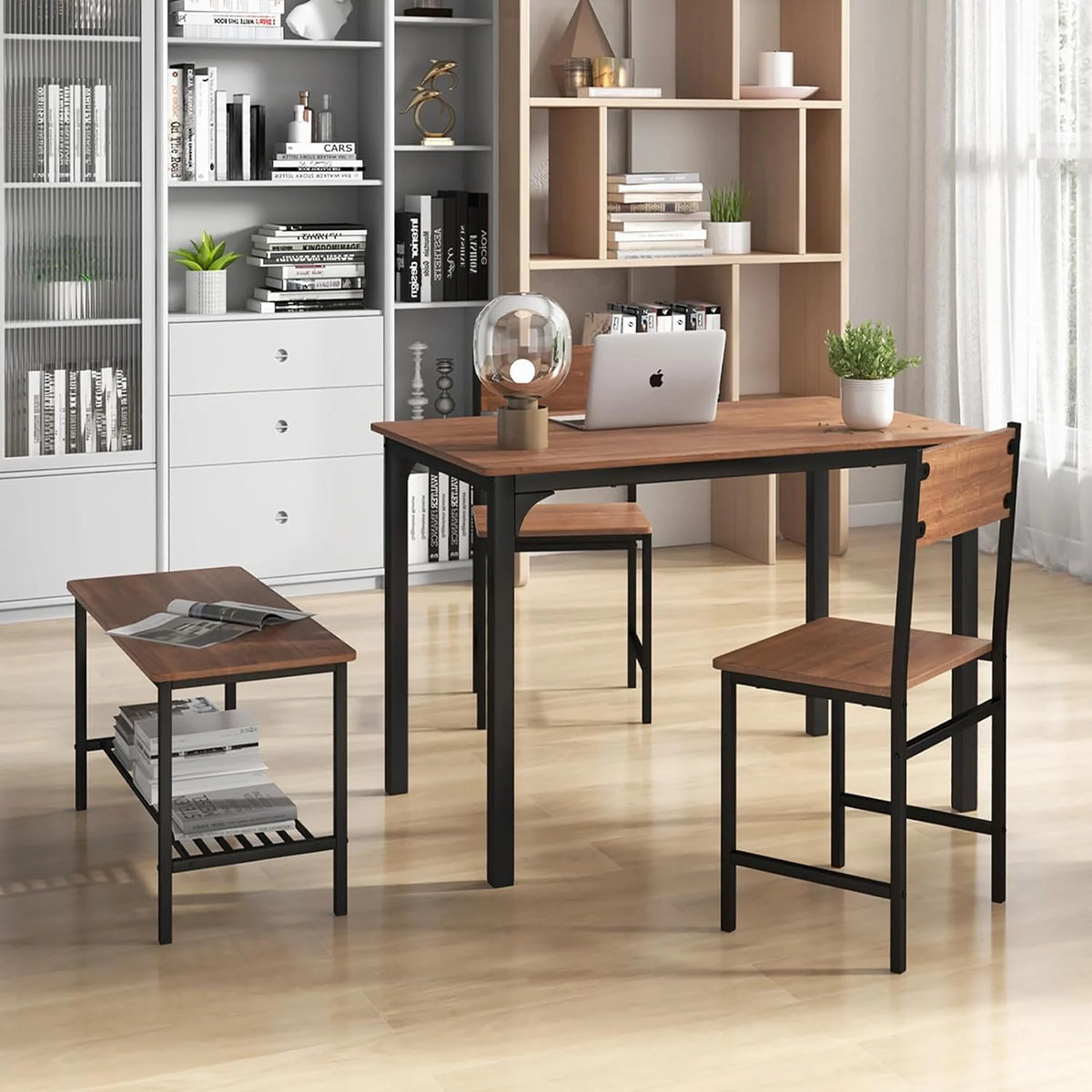 Gymax 4pcs Dining Table Set Rustic Desk 2 Chairs & Bench w/ Storage Rack Grey
