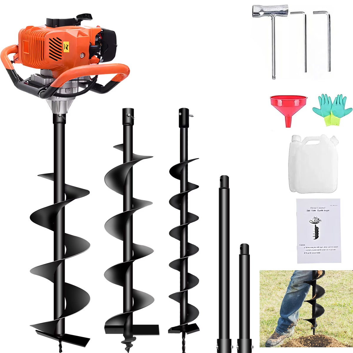 PRIJESSE Gas Powered Earth Digger Post Hole Digger with 3 Extension Rods + 3 Auger Drill Bits