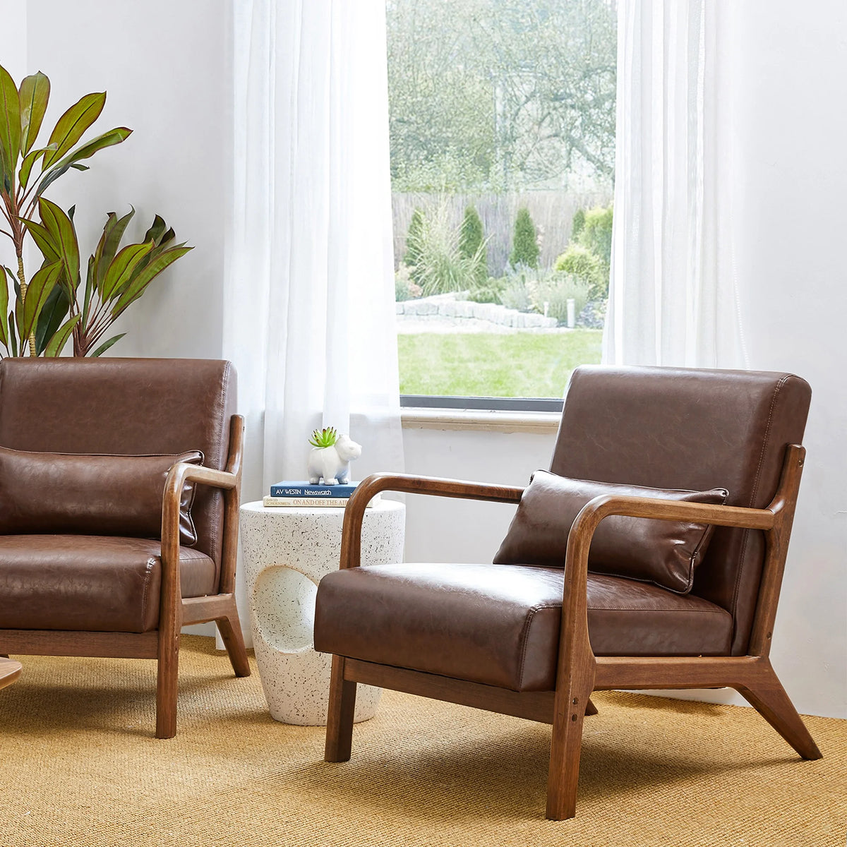 Glitzhome Mid Century Solid Wood Frame Accent Chair Modern Leather Lazy Chair