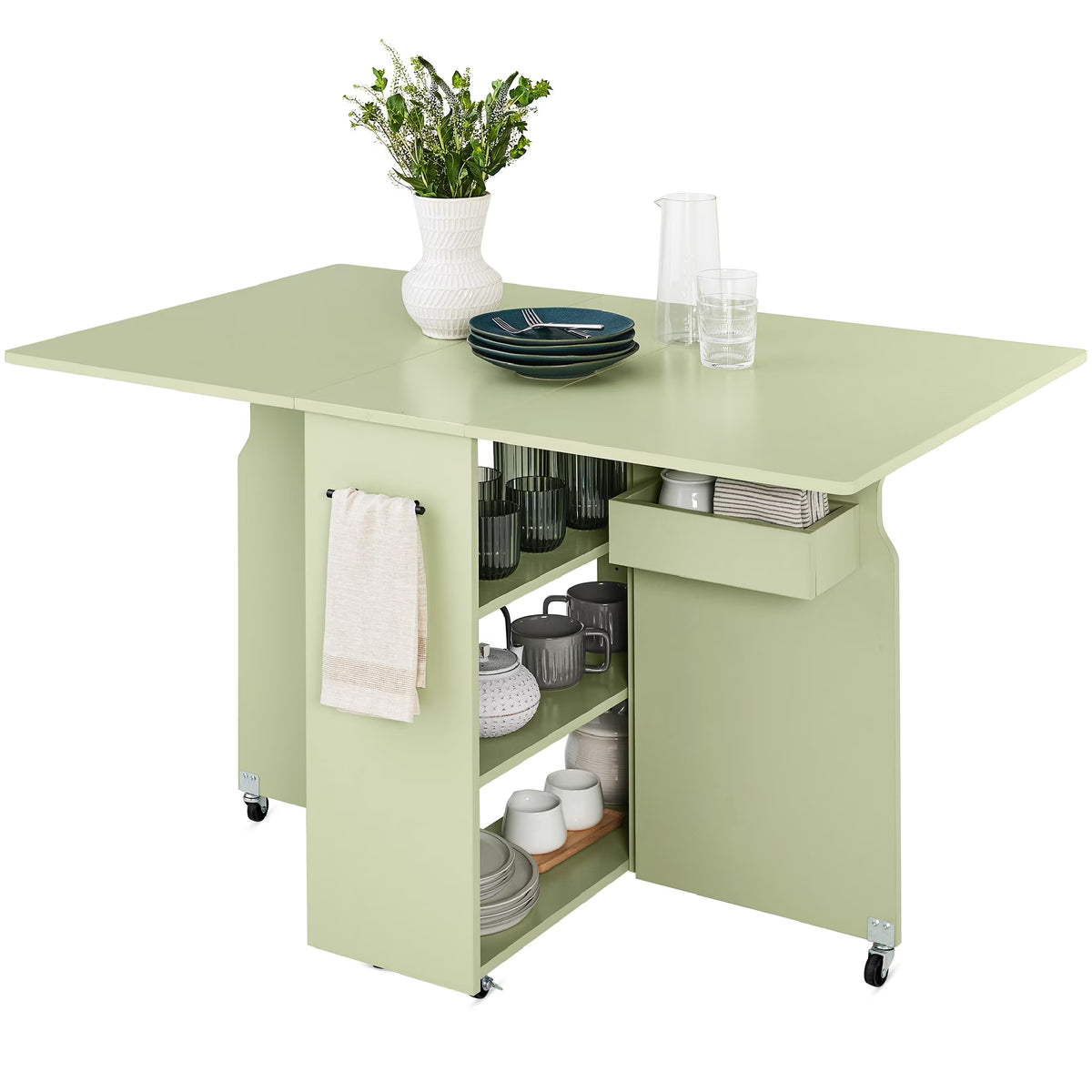 Best Choice Products Multipurpose Folding Table w/ Wheels, 3 Storage Shelves, Cubby, Handle - Brown