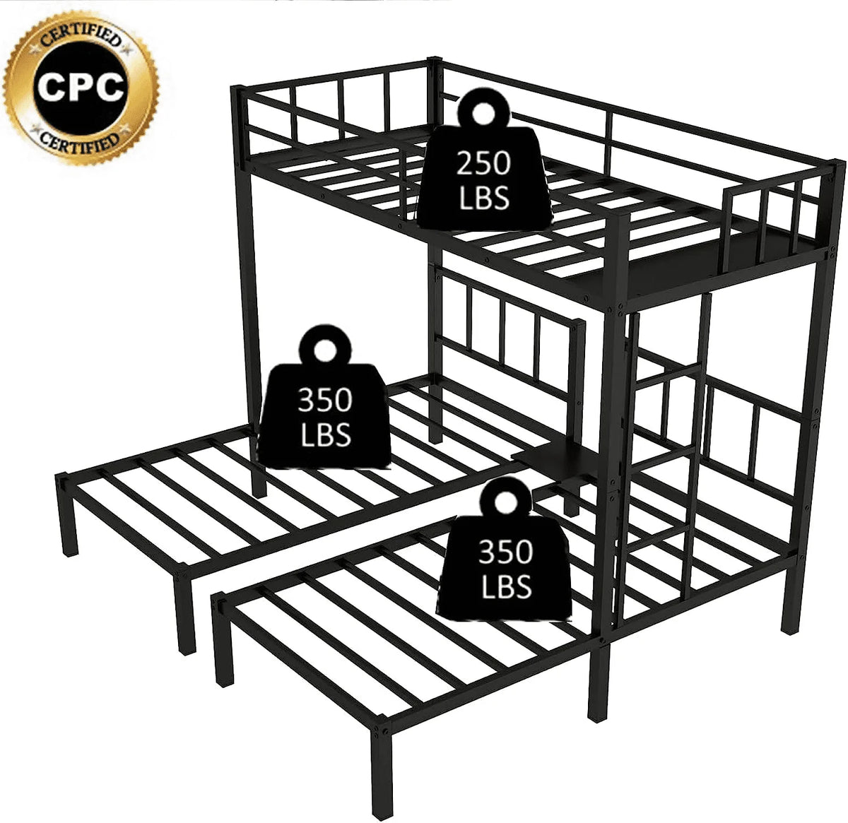 Jump Into Fun Triple Bunk Bed, Metal Twin over Twin and Twin Bunk Bed with Ladder, Full-Length Guardrail, 3 Beds Bunk Bed Can Convertible into 3 Twin Beds for Kids, Teens, Adults, Noise Free, Black