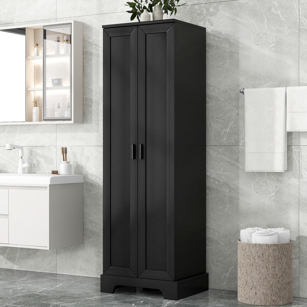 Urli Modern Double Door Storage Cabinet with Adjustable Shelves, Black