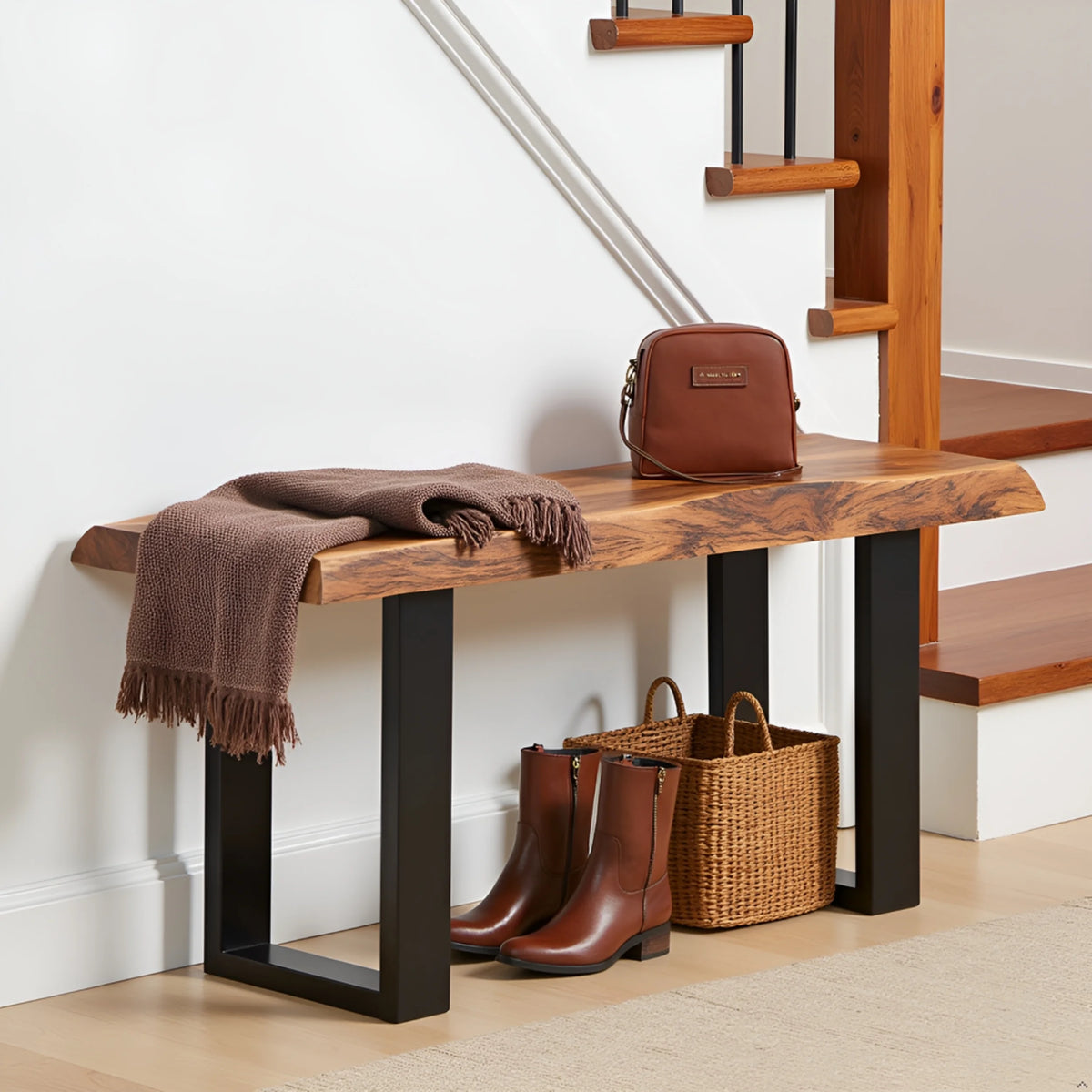 Alaterre Furniture Alpine 36-Inch Live Edge Solid Acacia Wood Bench with Black Metal Legs and Floor Protectors, Modern Farmhouse Entryway Hall Decor