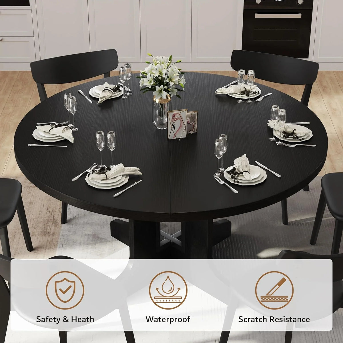 iPormis 59" Extendable Round Dining Table for 6, Modern Kitchen Table with Sturdy Wooden Base, Dining Room Table with Thickened MDF Board, Perfect for Small Space, Black