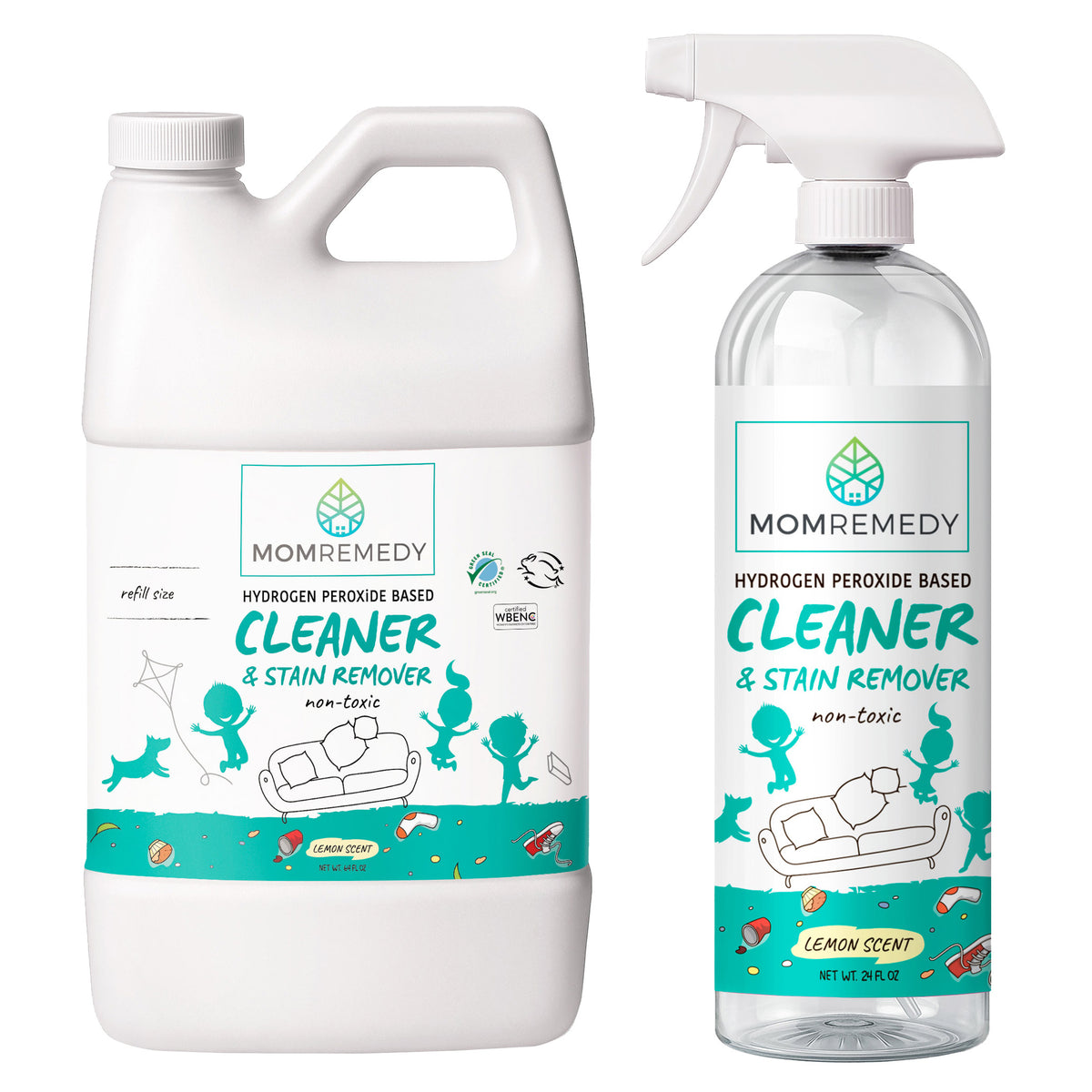 MomRemedy Hydrogen Peroxide Based Cleaner & Stain Remover, Lemon, 24 fl oz + 64 fl oz Refill