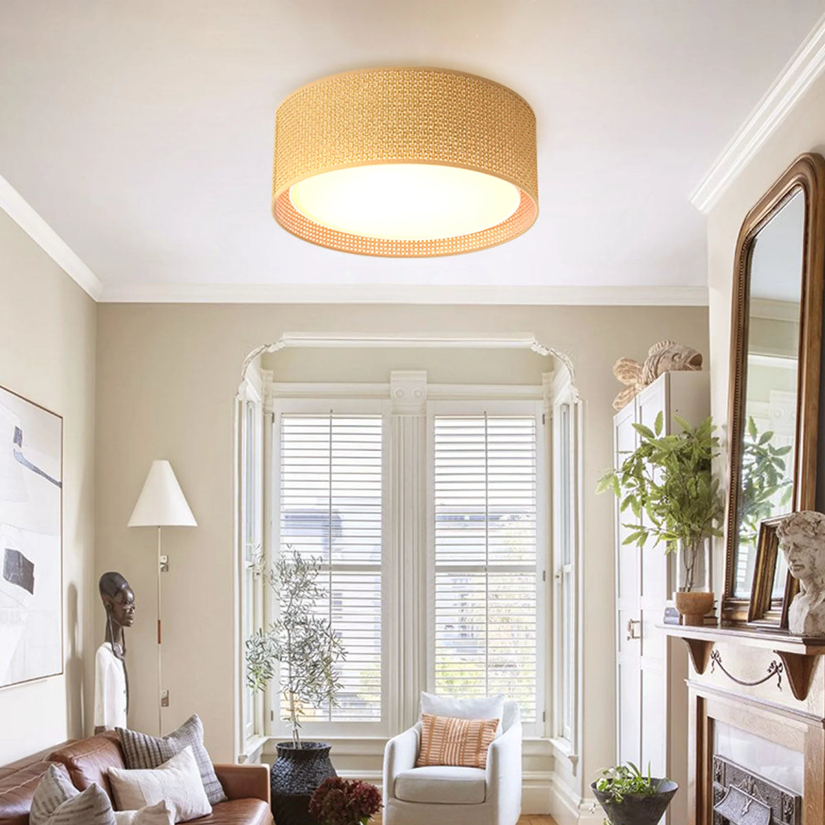 LEDET 15.7 in. Yellow Flush Mount Ceiling Light Rattan Weaving Shade Home Decor Pendant Lighting