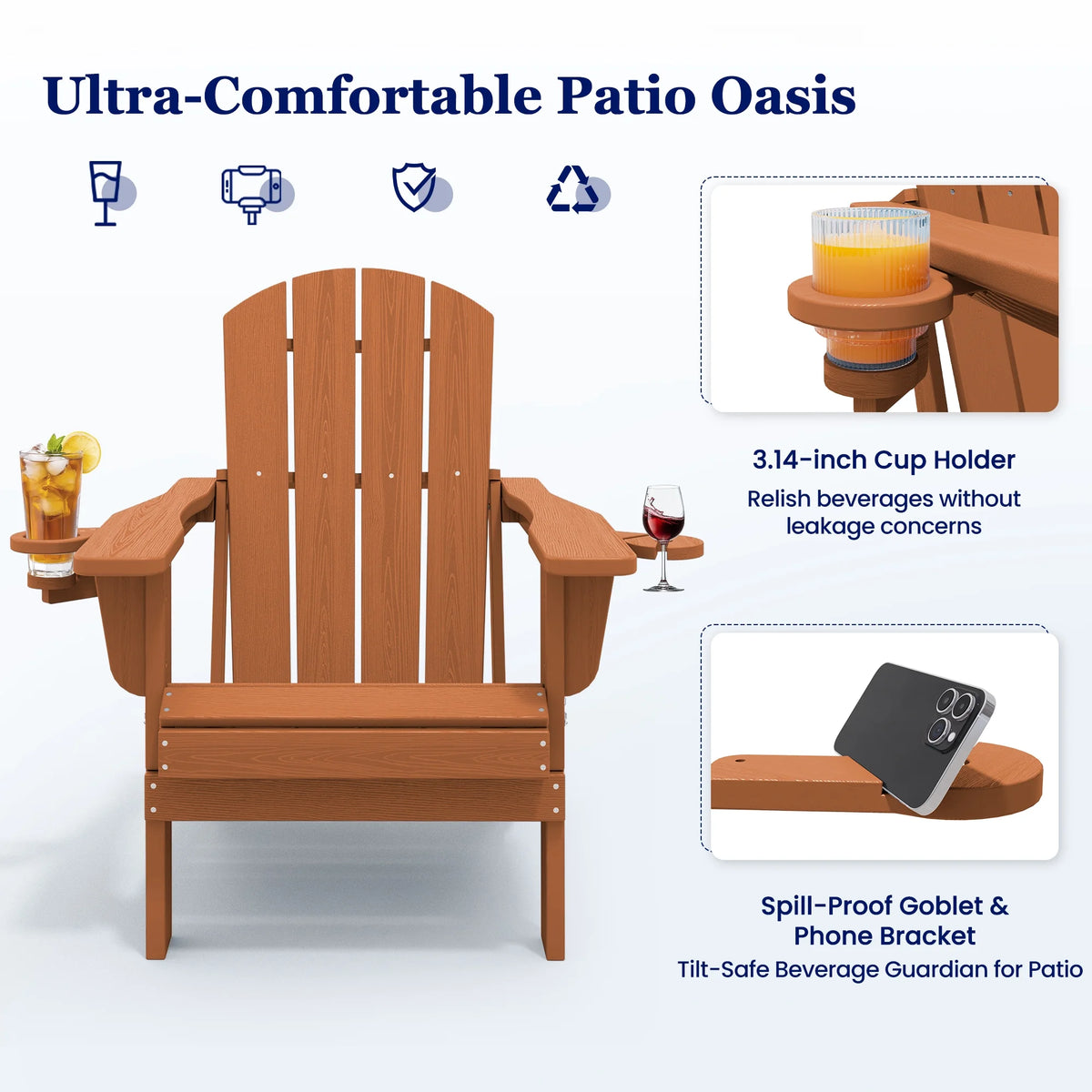 SERWALL Folding Adirondack Chair Set with Dual Cup Holders & Phone Holder, All-Weather HDPE Fire Pit Chairs for Outdoor, Patio, Poolside, Garden - Black