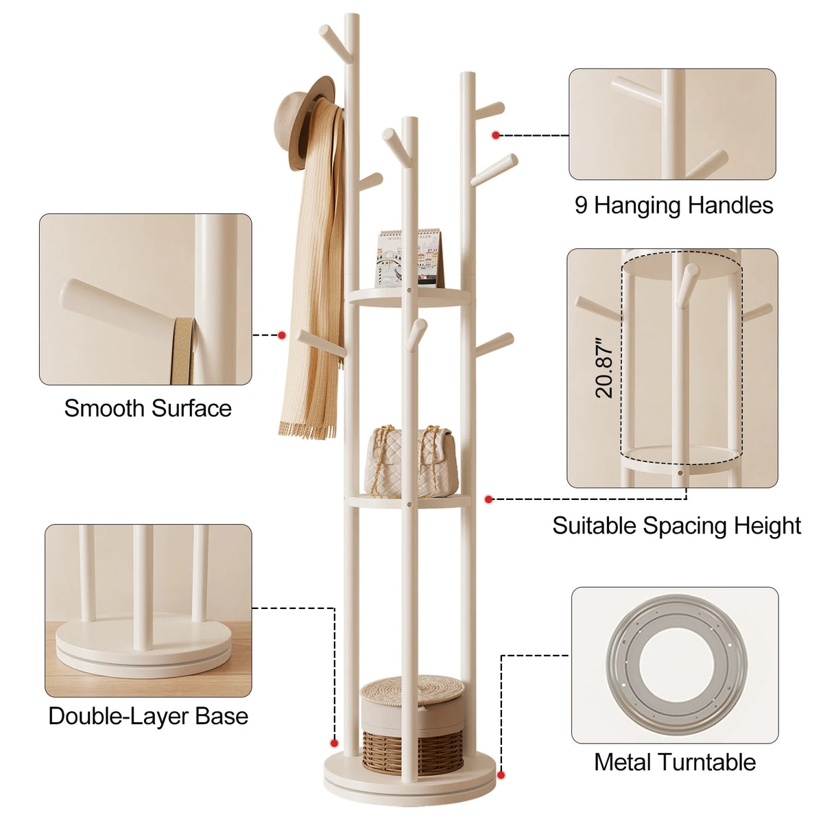 KASLANDI Solid Wood Rotary Coat Rack with 3 Shelves & 9 Hooks, Freestanding Hall Tree Stand, Coat Tree for Entryway, Living Room, Walnut, Easy Assembly