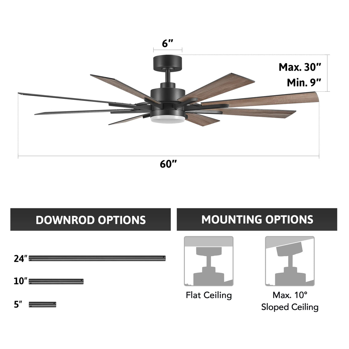 Bestco 60" Ceiling Fan with Light Kit and Remote Control for Farmhouse Living Room