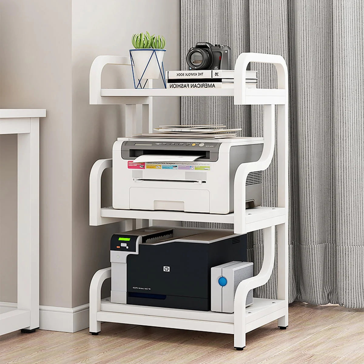 Natwind 3-Tier Printer Stand with Wheels Movable Storage Cart Floor-Standing Printer Cart Multi-Purpose Shelf Rack for Media Player (White)