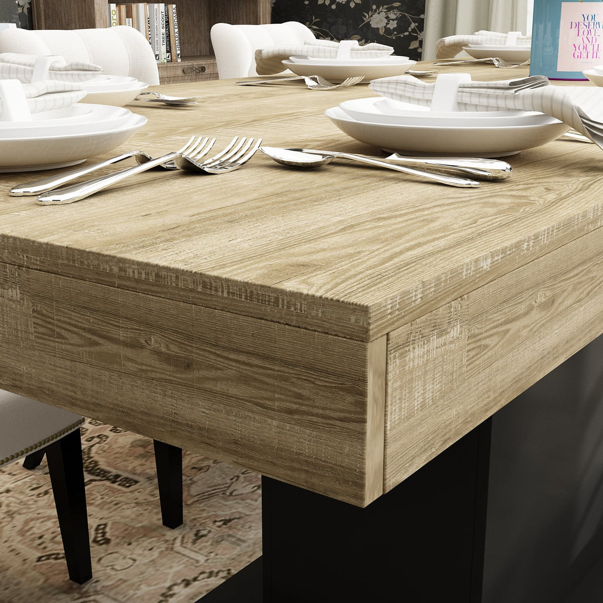 KULAGAGA  6-8 People Modern Extendible Dining Table, Rectangular Space-Saving Expandable Dining Table, Oak&White