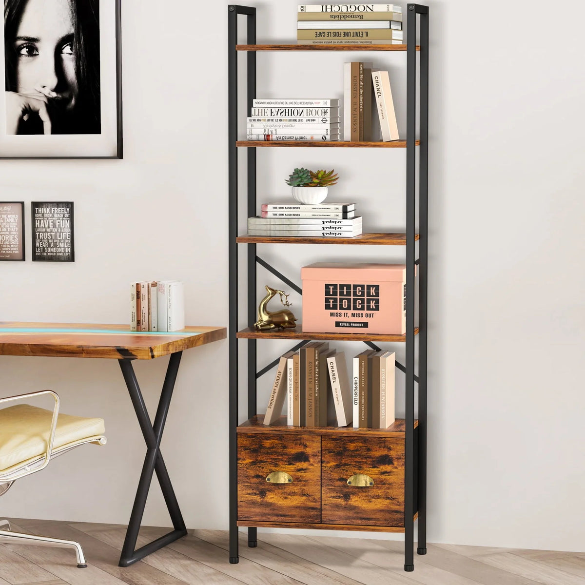 BEHOST 6 Shelf Bookcase, 70in Tall Bookshelf with 2 Drawers, set of 1, Rustic Brown
