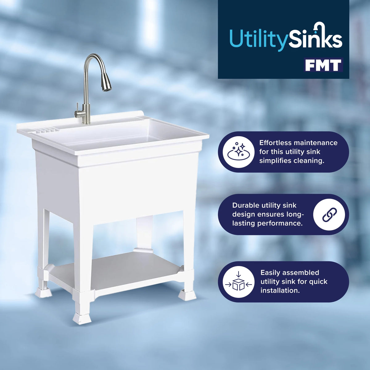 Open Box UTILITYSINKS Plastic 30�?Freestanding Utility Sink w/ Pull Faucet, Wht