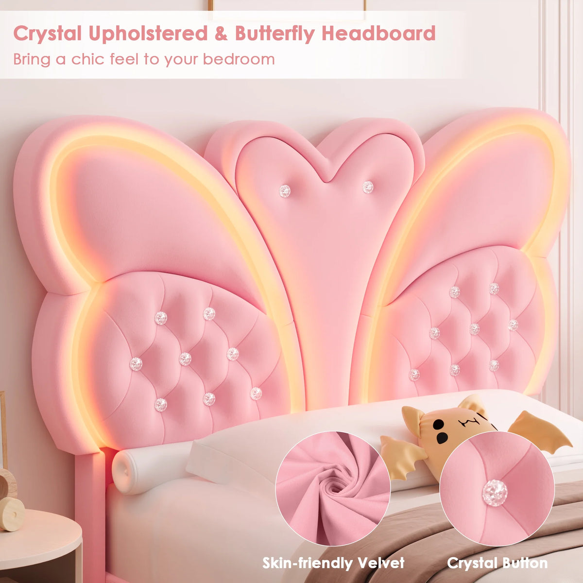 Homfa Twin Size Velvet Upholstered Bed with LED Lights, Floating Platform Bed Frame with Butterfly Crystal Button Tufted Headboard, Pink
