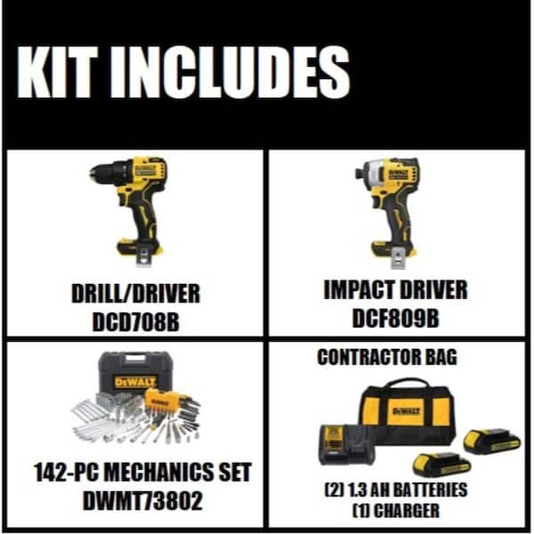 ATOMIC 20V MAX Cordless Compact Drill/Impact 2 Tool Combo Kit, Mech Tool Set (142-PC), and (2) 1.3Ah Batteries