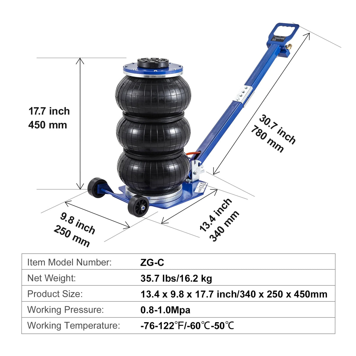 KFFKFF Air Jack, 3 Ton/6600 lbs Three Bag Air Jack, Air Bag Jack with Six Steel Tubes, Lift to 17.7 Inch, 3-5 Seconds Quick Lift Air Jack with Adjustable Long Handle, Suitable for Car, Garage