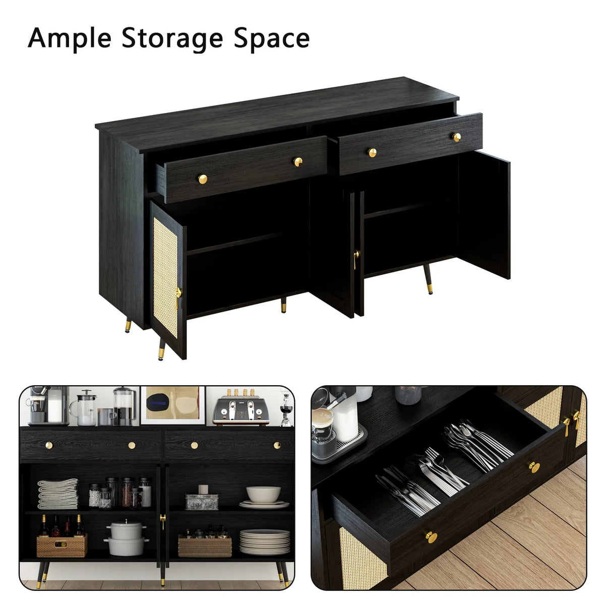 Catrimown Sideboard Buffet Cabinet, 2 Drawer and 4 Rattan Door Sideboard Storage Cabinet, Black