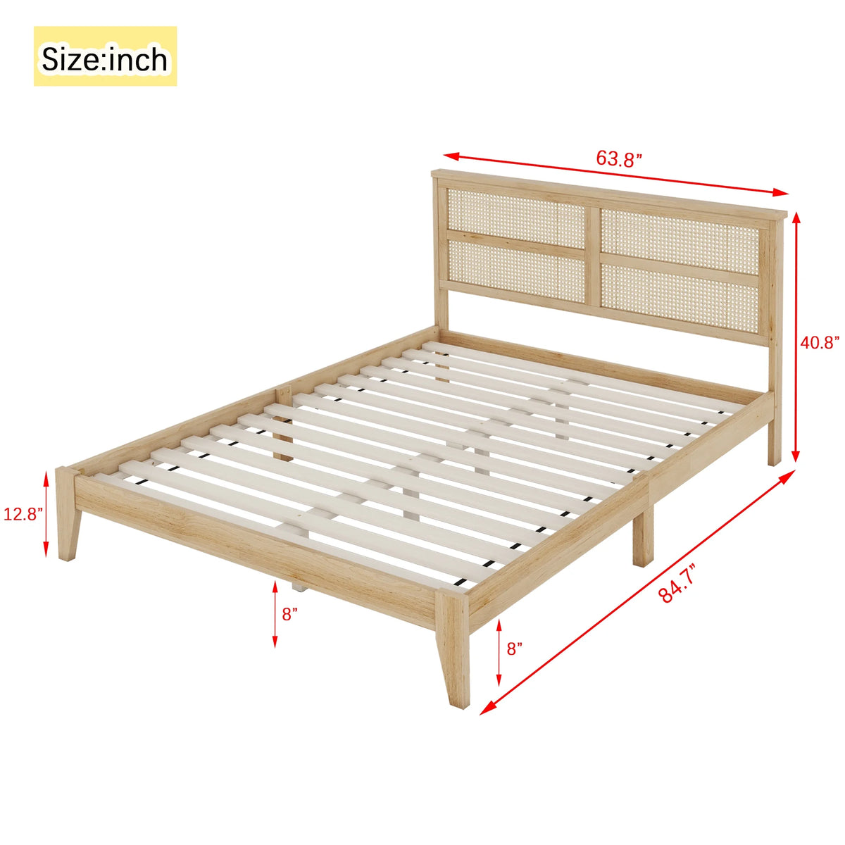 Miniyam Wood Queen Size Bed with with Rattan Headboard for Adult, Brown