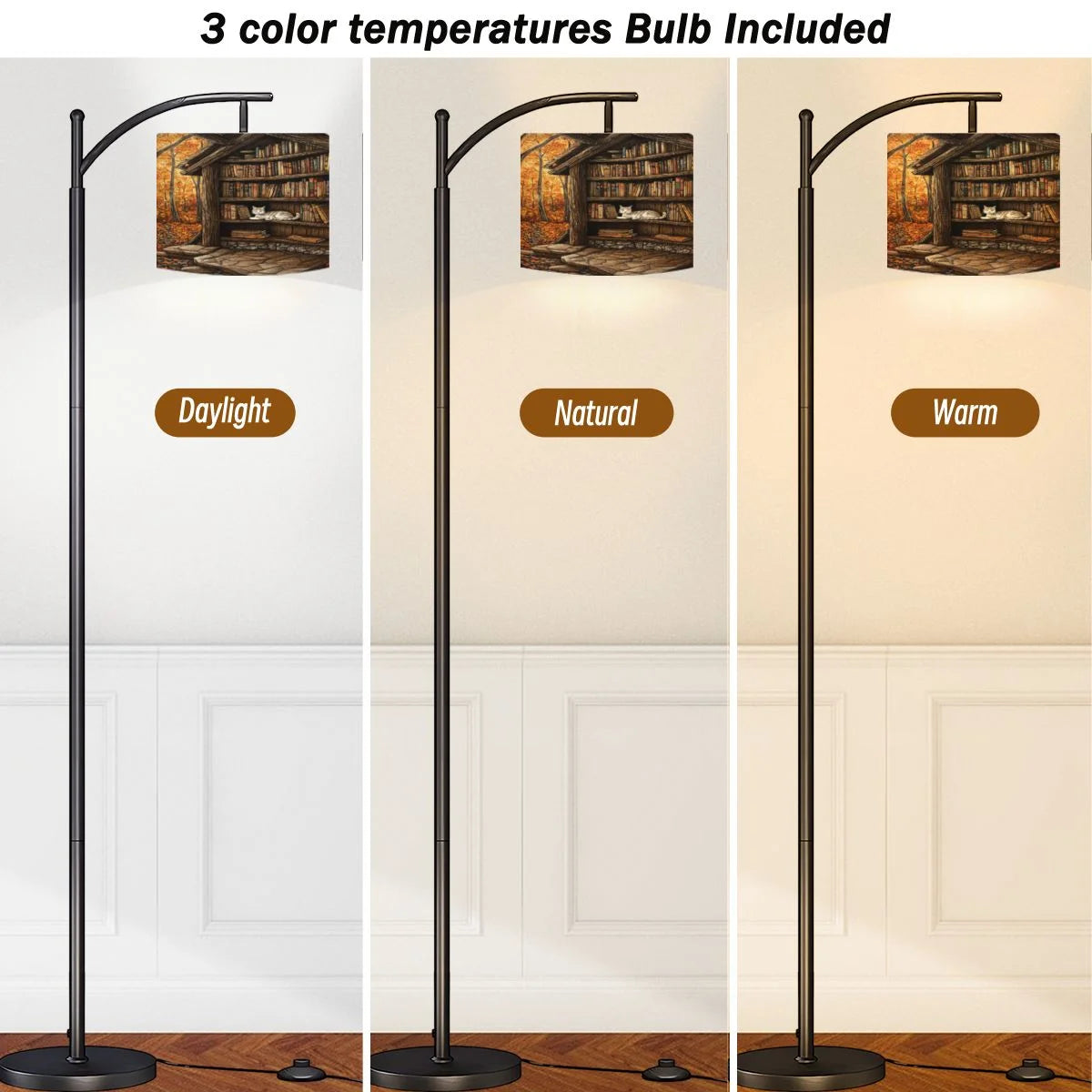 Arc Floor Lamps Surreal Bookshelf Dreamlike Sky Art Print Modern LED Adjustable Lampshade Standing Light for Living Room Reading Bedroom Office