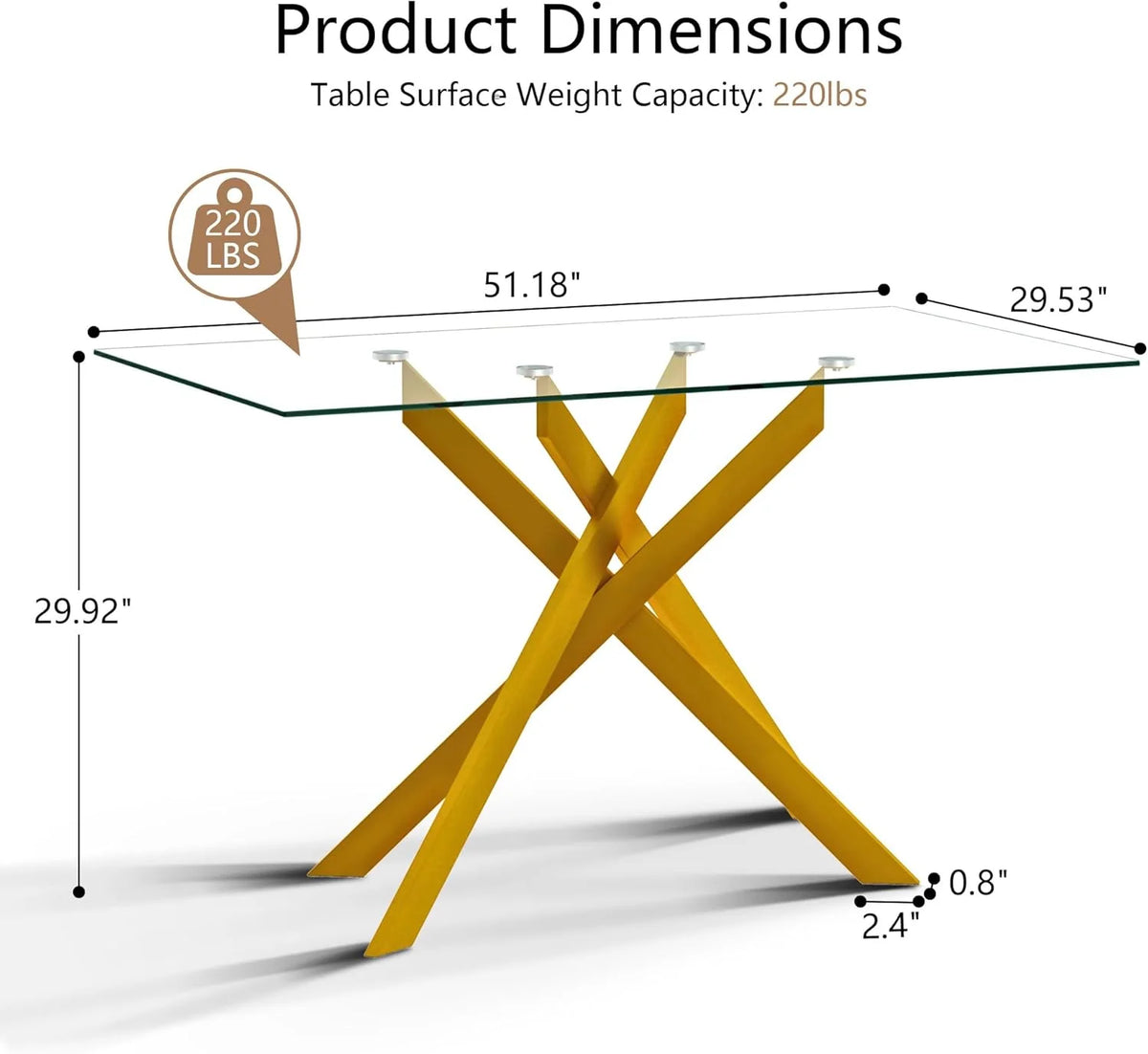 SSYBAB Glass Dining Table for 4 People, 51.2 Inches Rectangular Glass Kitchen Table with Silver Steel Legs, Modern Dining Room Table for Dinner Kitchen Dining Room