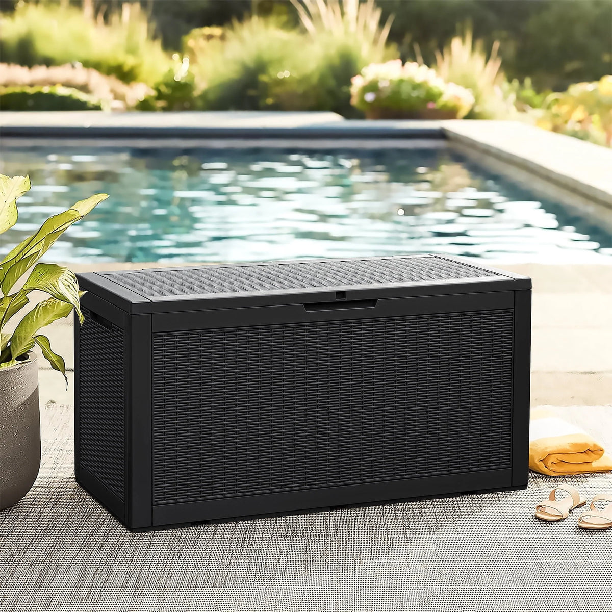 Vineego Outdoor All-Weather 100 Gallon Resin Deck Box,Indoor Outdoor Lockable Storage Container, Black