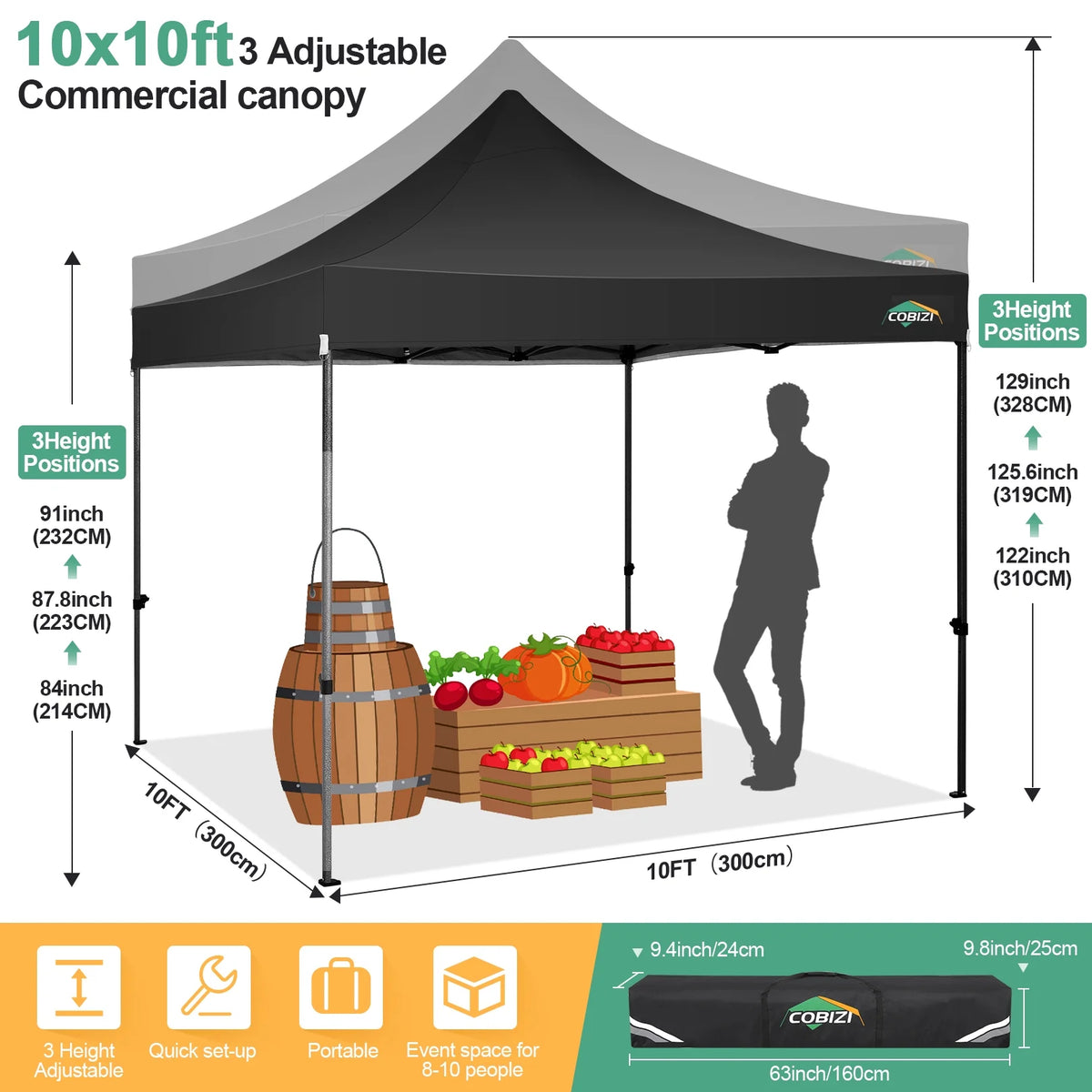 COBIZI 10x10 Heavy Duty Pop-up Canopy Tent for Outside, UPF 50+ Waterproof and Instant Outdoor Shelter, Outdoor Canopy for Beach,Party,Camping with Rope,Stake and Carrying Bag,White(Frame Thickened)